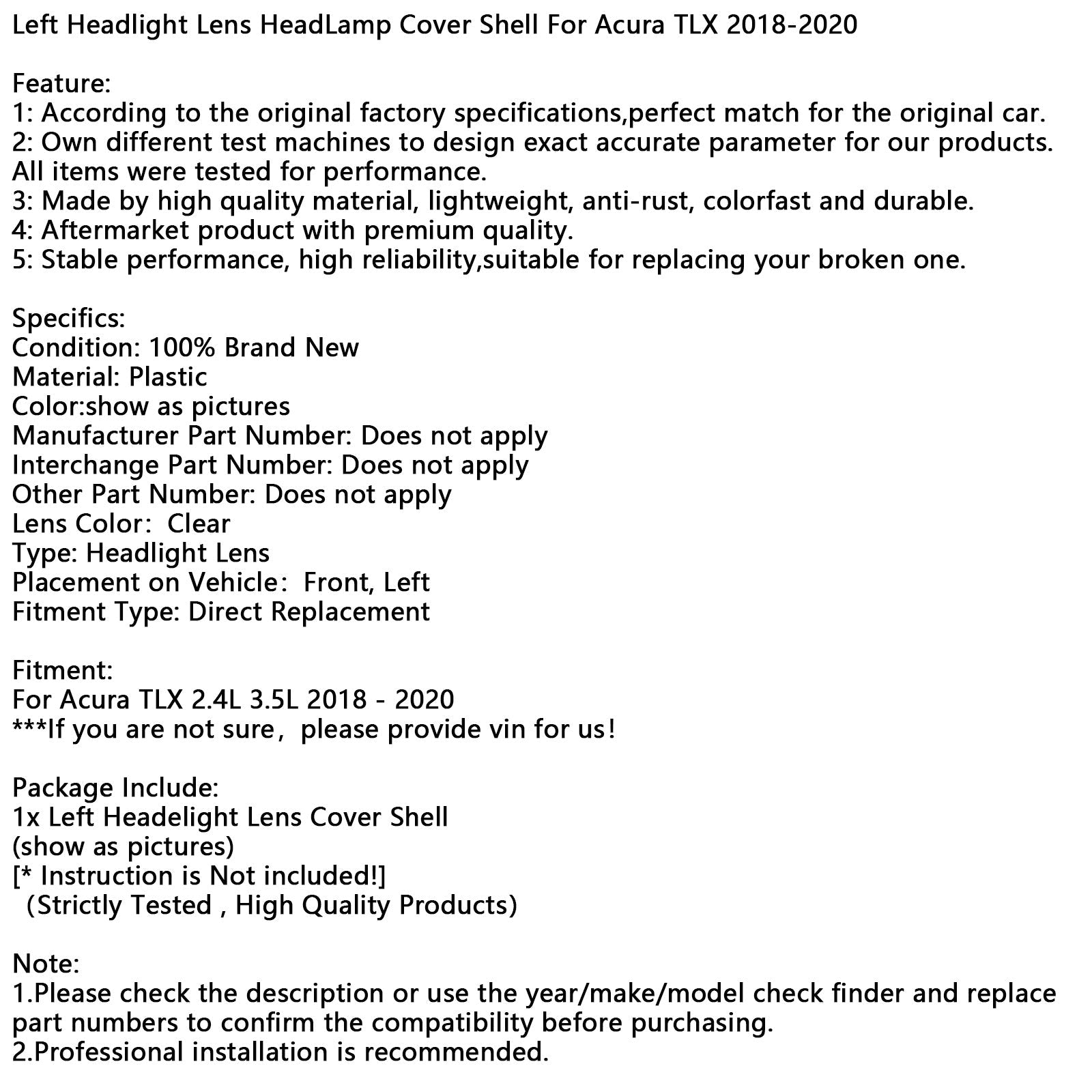 Beschermhoes voor linker koplamp Acura TLX 2018-2020