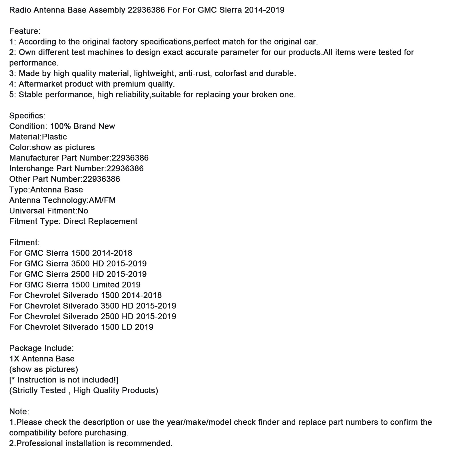 Radioantennebasismontage 22936386 voor GMC Sierra 2014-2019