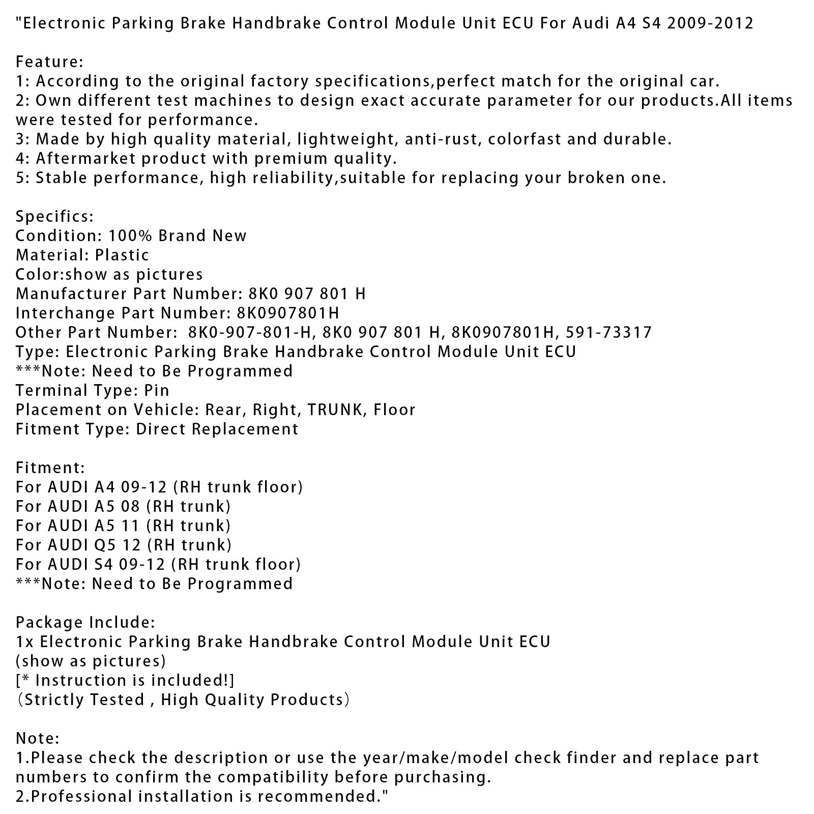 Elektronische handremmodule (ECU) voor Audi A4 S4 09-12