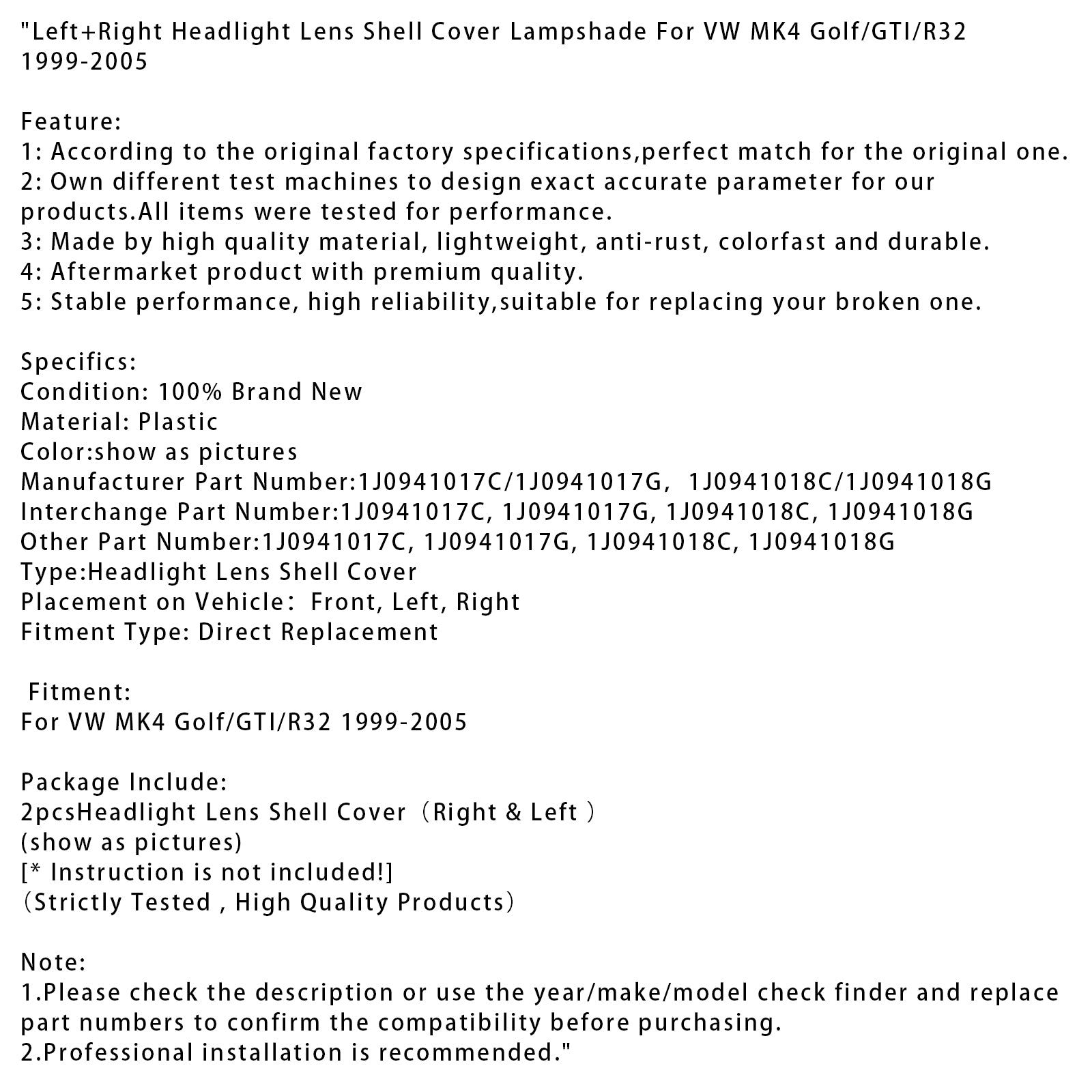 Ochronna skorupa na lewą i prawą latarnię morską dla VW Golf/GTI/R32 MK4 1999-2005