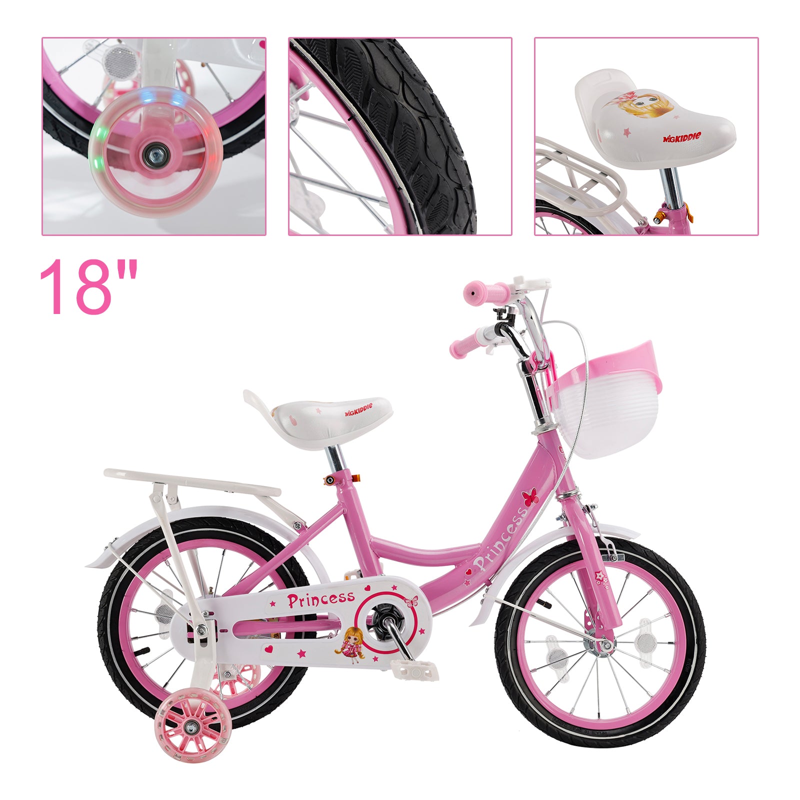 Bicicleta de princesa evolutiva de 18 pulgadas - Manejo ajustable y silla de montar - rosa y morado - Garantía