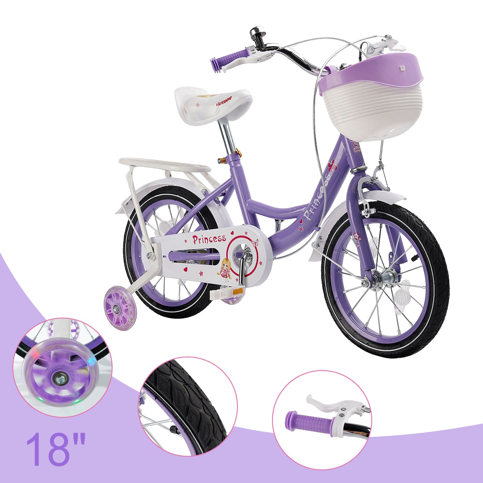 Bicicleta de princesa evolutiva de 18 pulgadas - Manejo ajustable y silla de montar - rosa y morado - Garantía