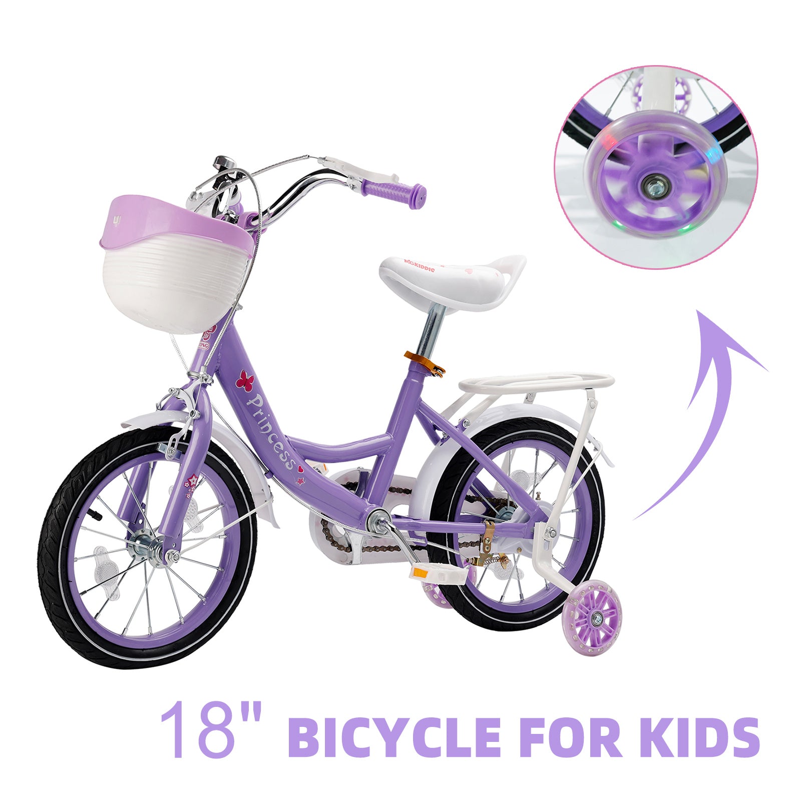 Bicicleta de princesa evolutiva de 18 pulgadas - Manejo ajustable y silla de montar - rosa y morado - Garantía