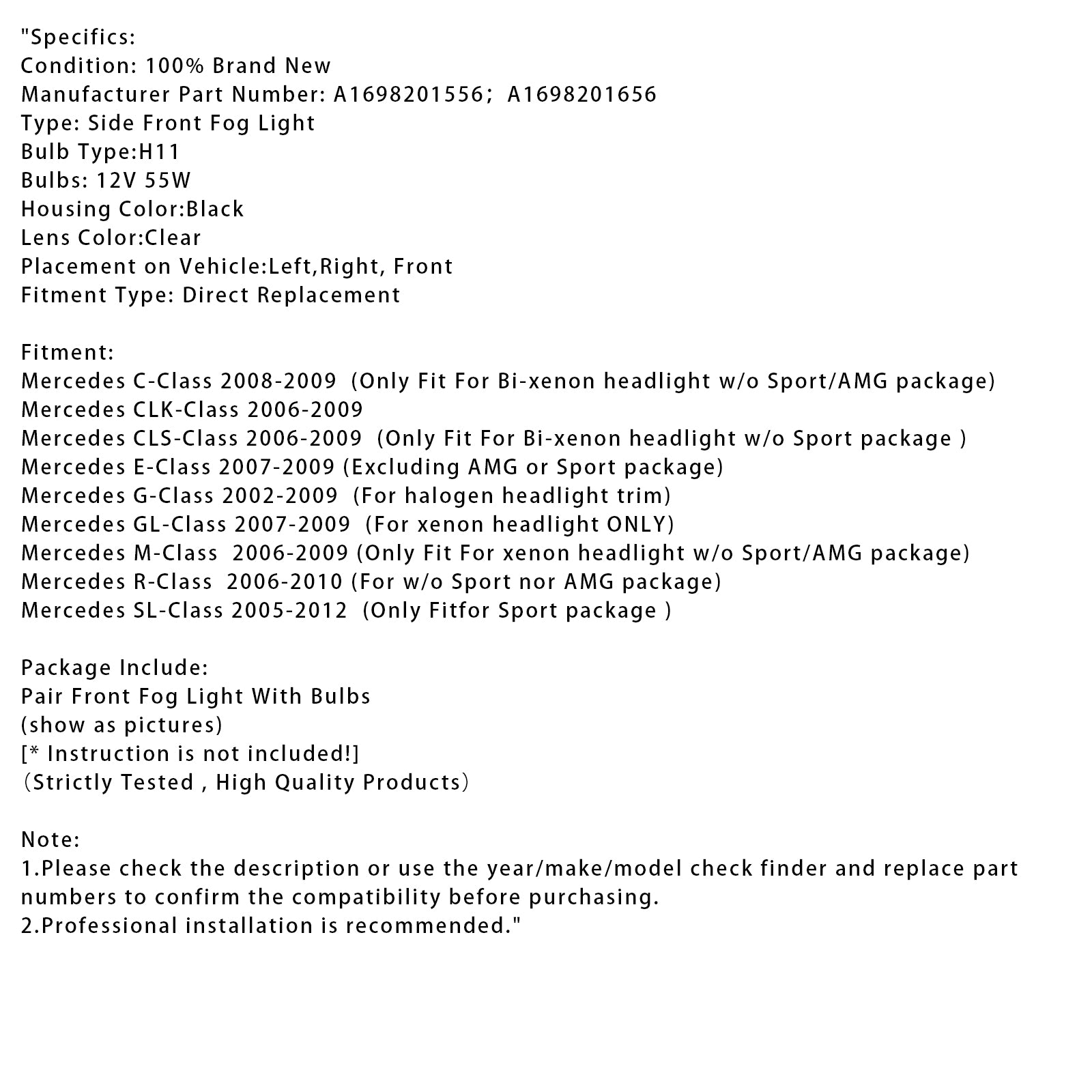 Par sprednjih meglenk z žarnicami za Mercedes Benz W204 W211 W164 C219