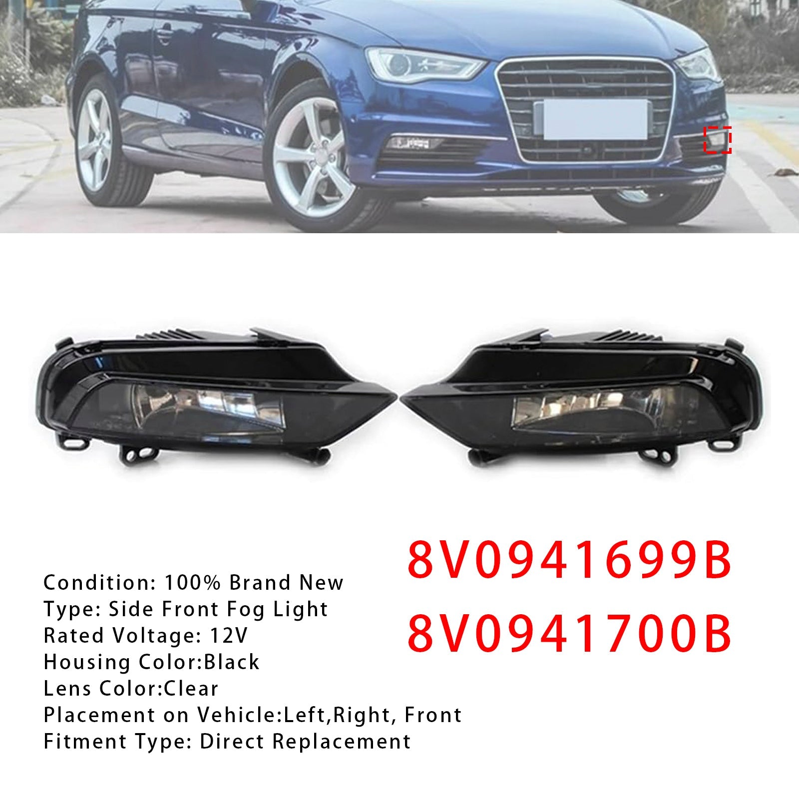 Coppia di luci della nebbia anteriore con lampadine per berlina Audi A3 2015-2016 8v0941699b