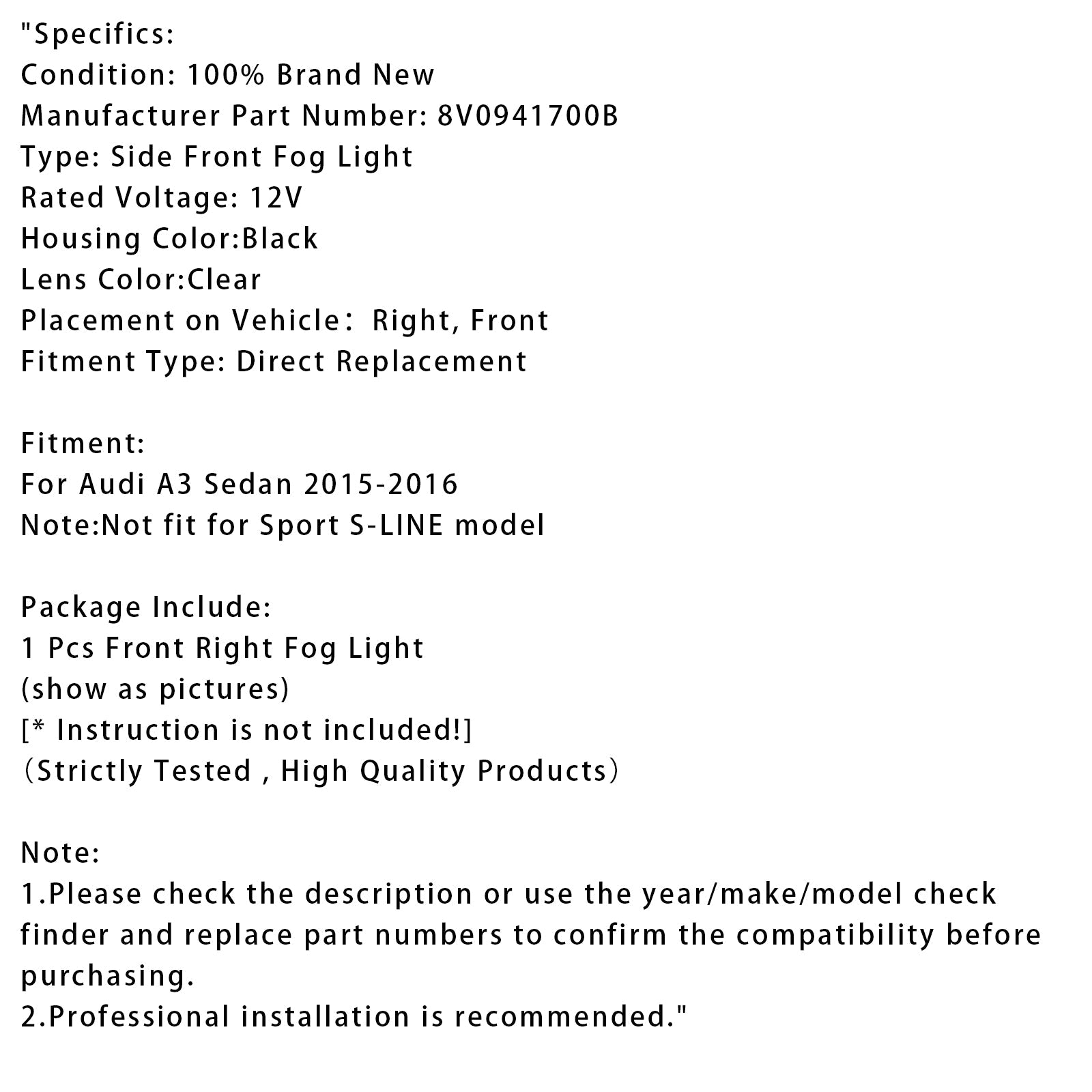 Požarna megla lučka pred desno z žarnicami 8v0941700b za Audi A3 Sedan 2015-2016