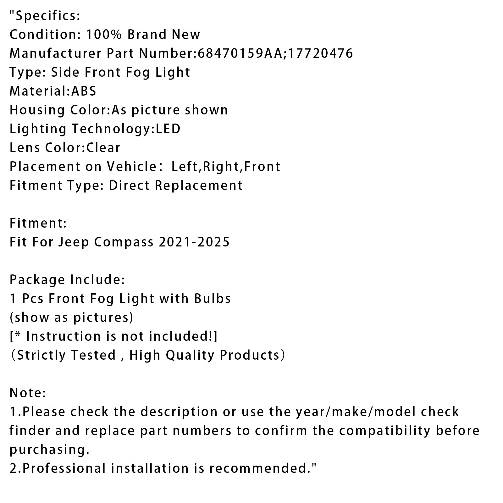Luz de niebla de fuego delantero LED para Jeep Compass 2021-2025 68470159AA