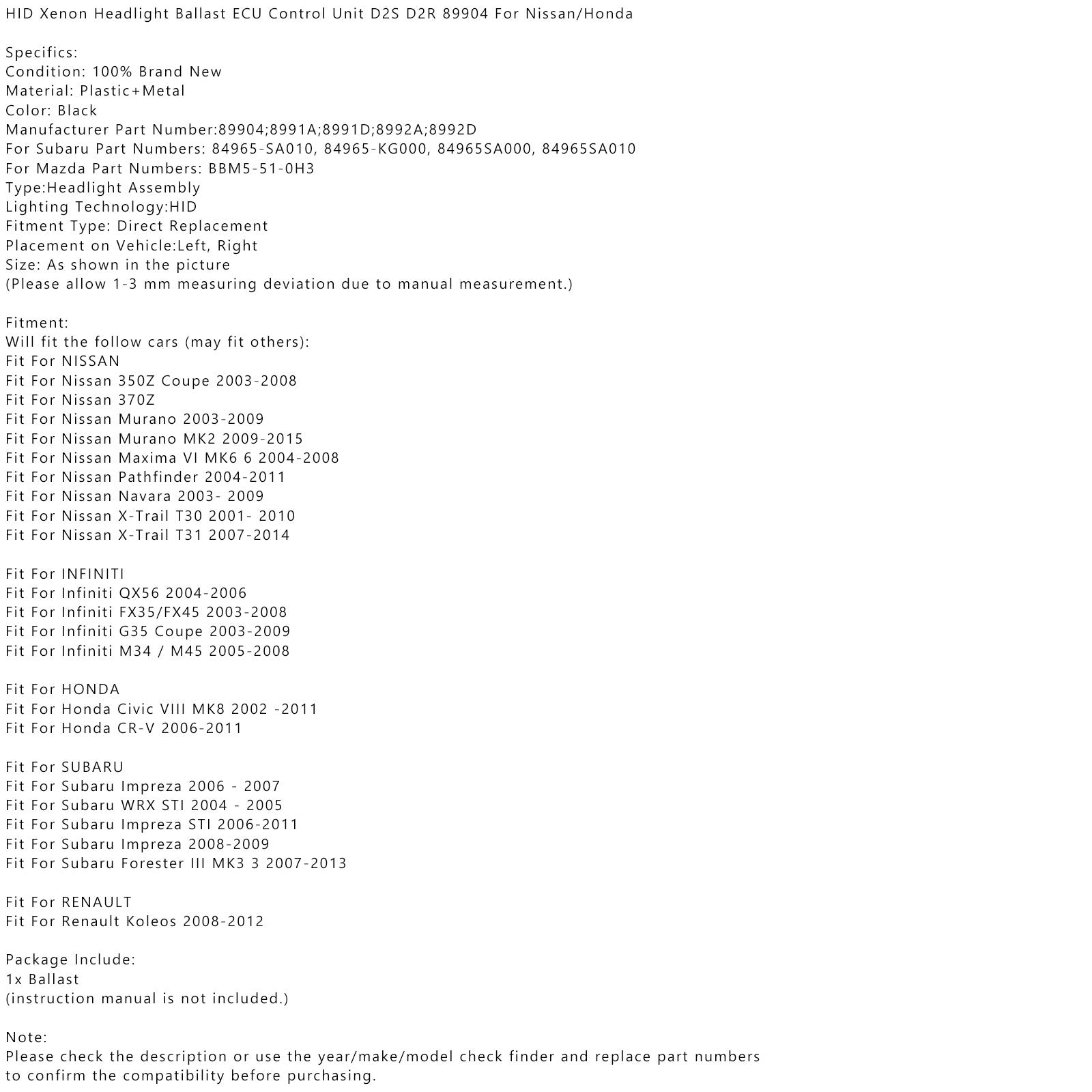 Enota za krmiljenje balasta svetilnika v Xenonu HID D2R 89904 za Nissan/Honda Generic