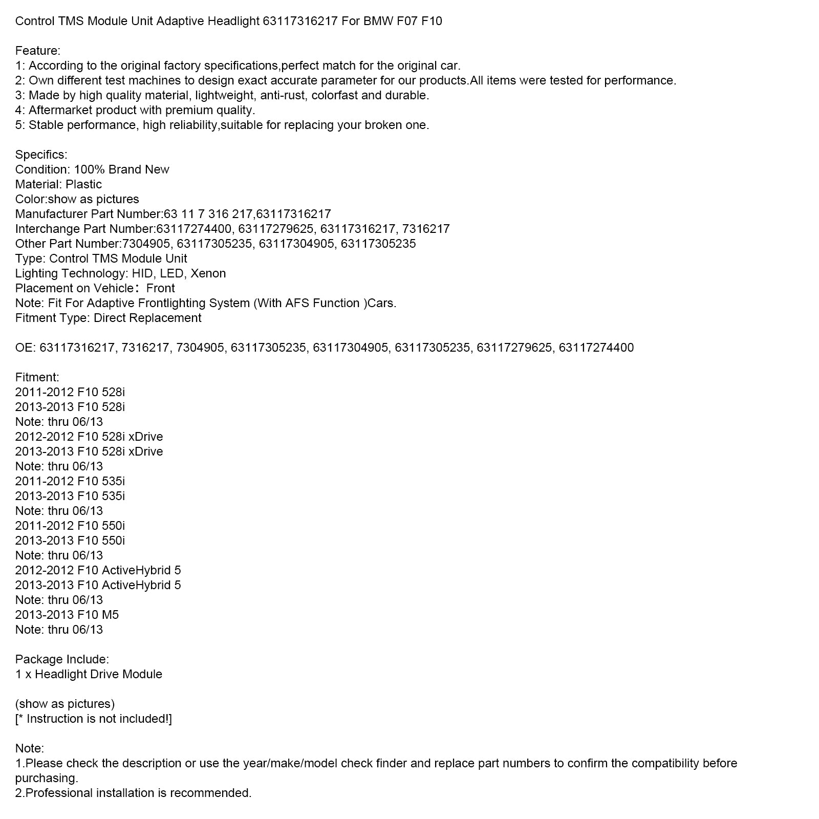 Moduł sterujący reflektorów adaptacyjnych TMS 63117316217 dla BMW F07 F10