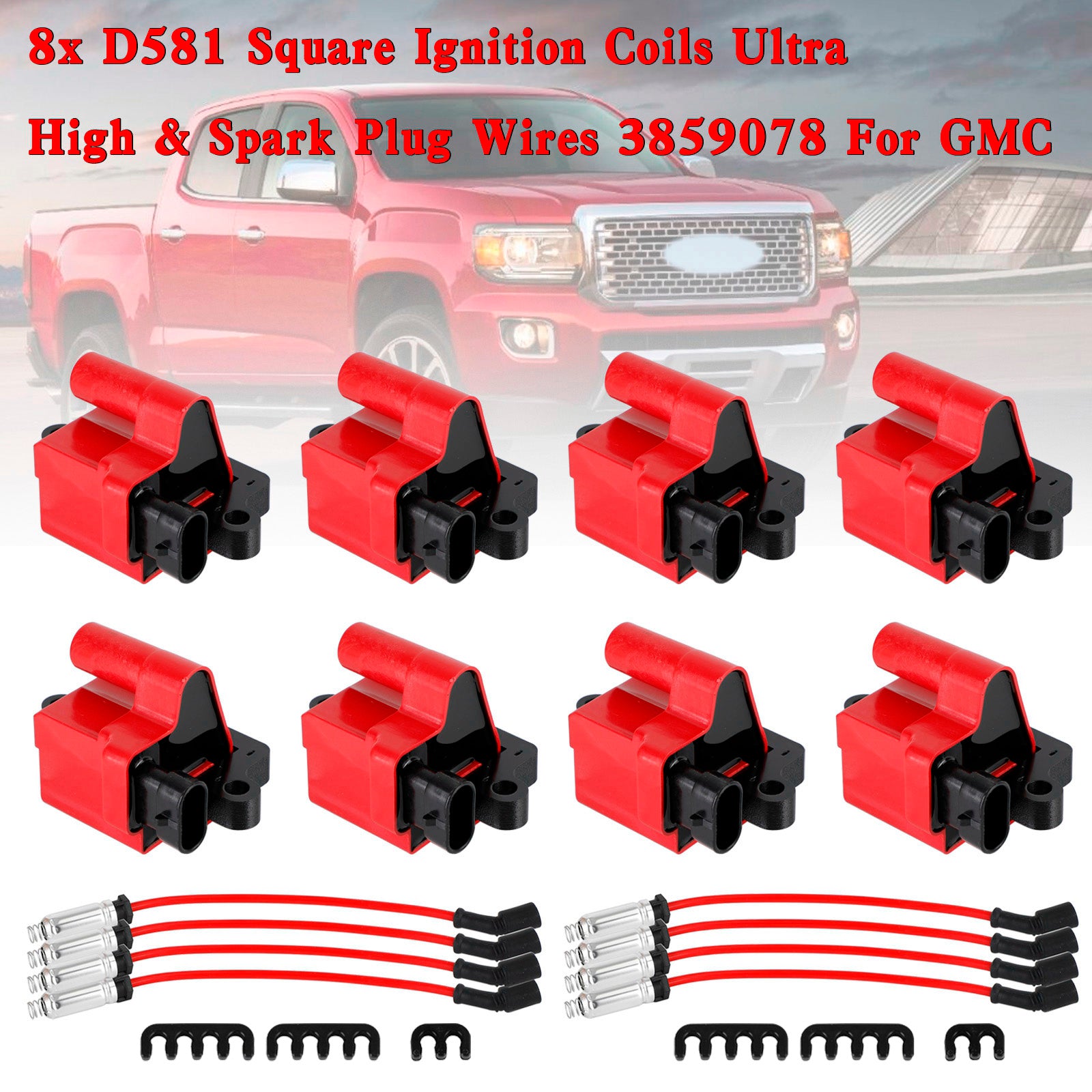 Lot de 8 Bobines d'Allumage Carrées D581 & Fils de Bougie - Compatible Chevrolet Avalanche, Silverado, GMC Sierra, etc. (2002-2007)