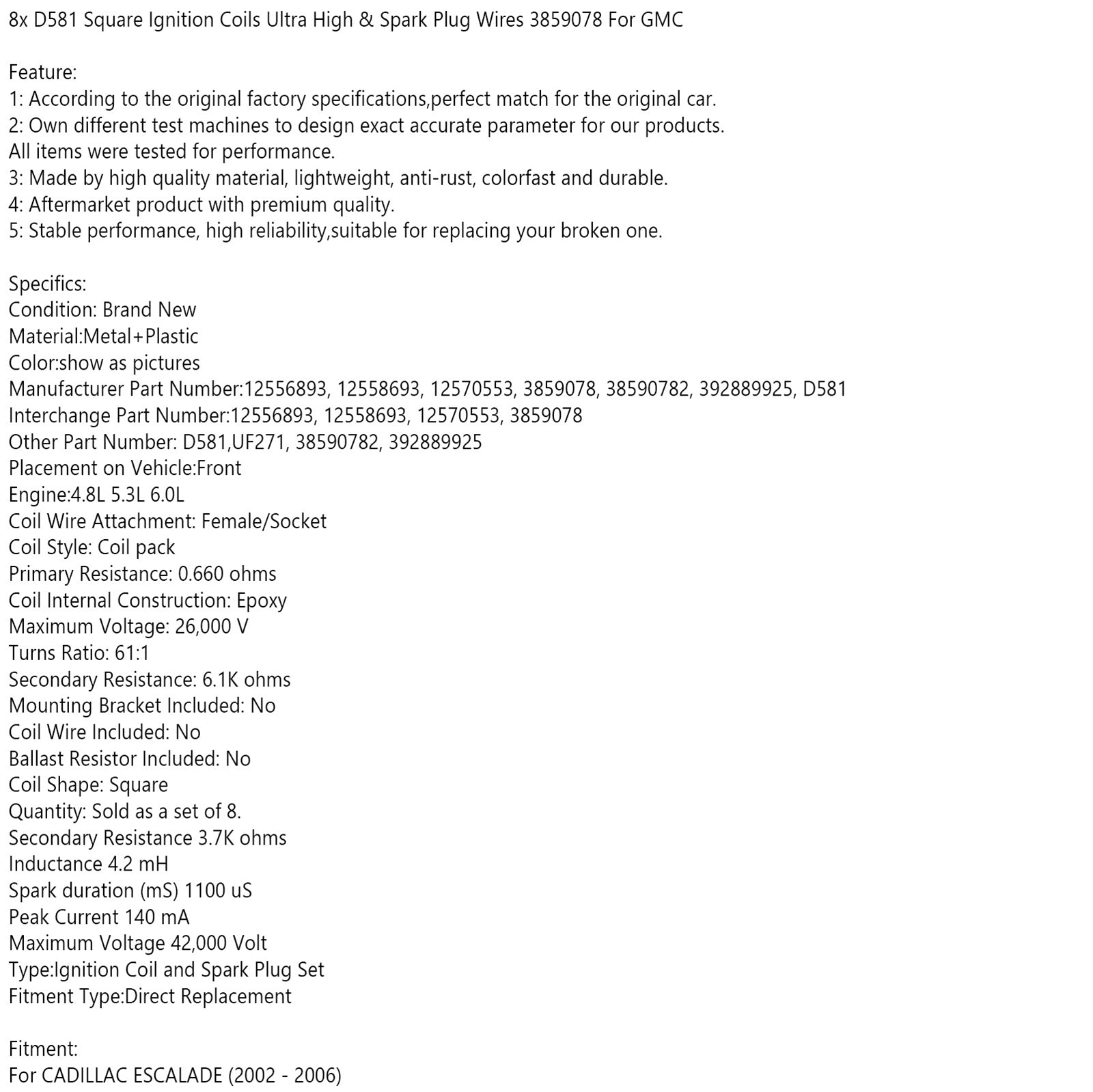 Lot de 8 Bobines d'Allumage Carrées D581 & Fils de Bougie - Compatible Chevrolet Avalanche, Silverado, GMC Sierra, etc. (2002-2007)