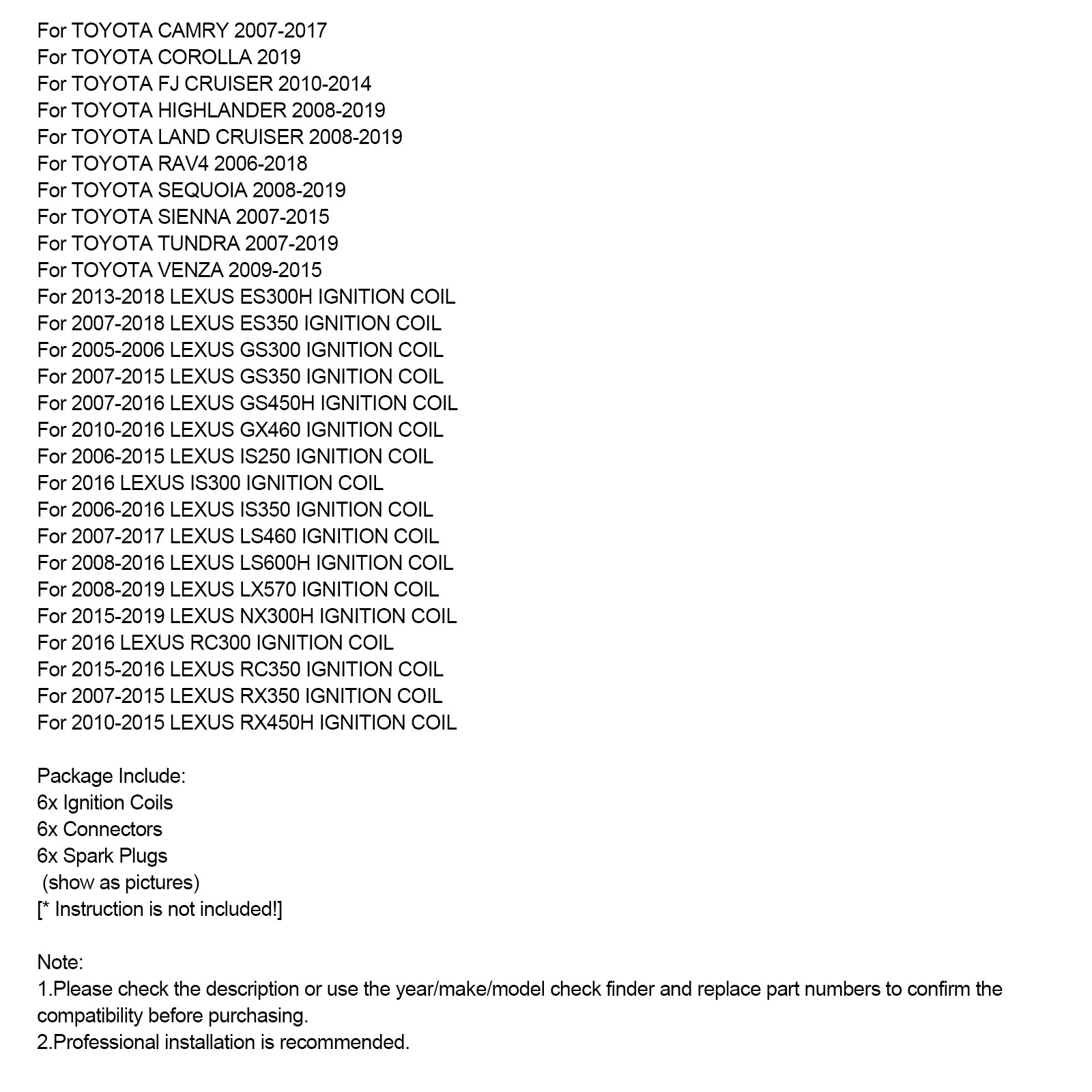 Kit 6 Bobinas de encendido para Lexus RX350 2007-2015 - Incluye conectores y velas - Ref Origin 90919-02251