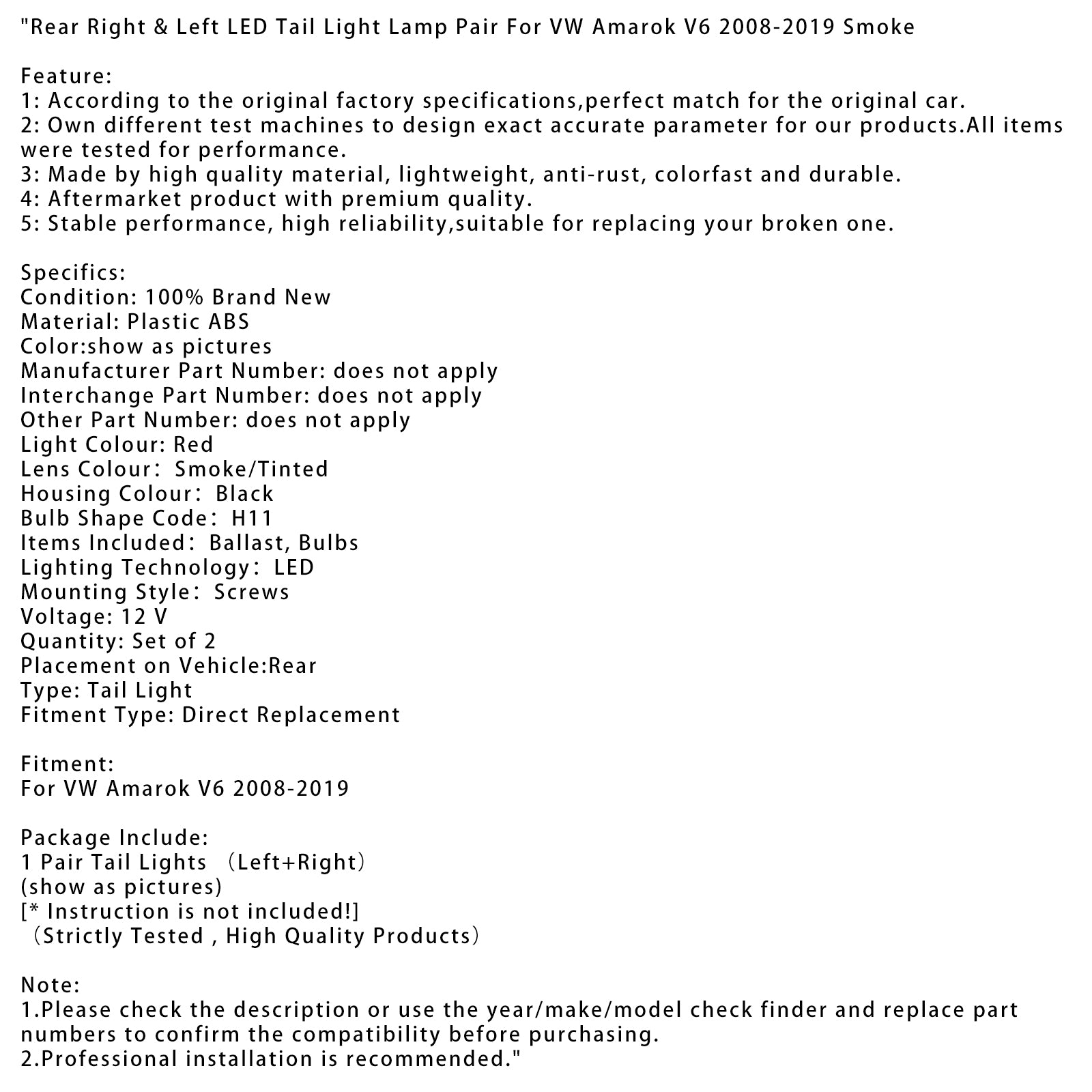 Paire de feux arrière à LED arrière droit et gauche pour VW Amarok V6 2008-2019, fumés