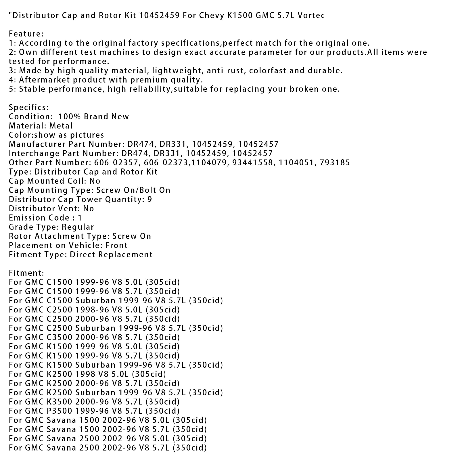 Kit testa distributore e rotore 10452459 per Chevy K1500 GMC 5.7L Vortec