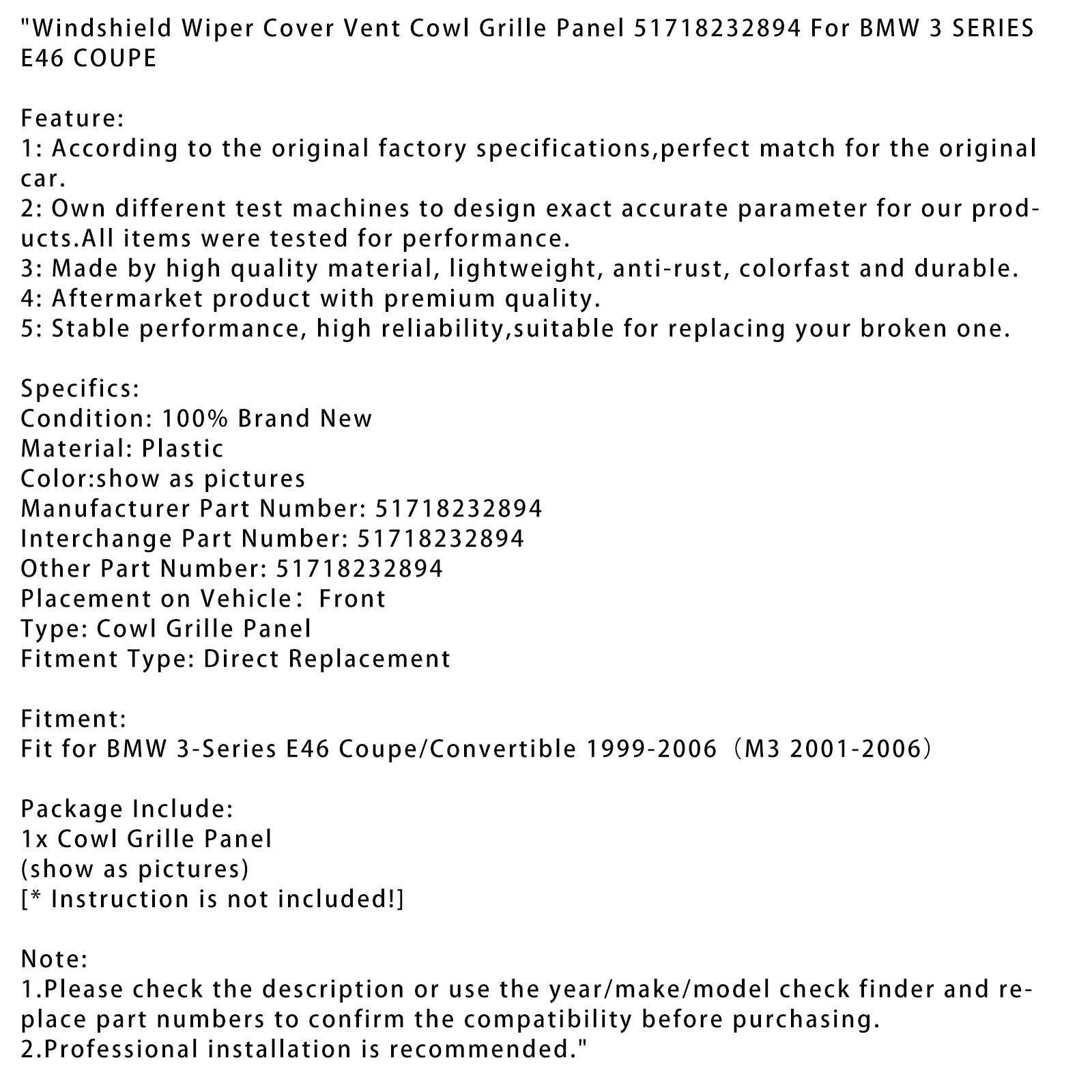 2001-2006 BMW 3 Series E46 Coupé Wiper Repair Couvel Cowl Grille Panel 51718232894