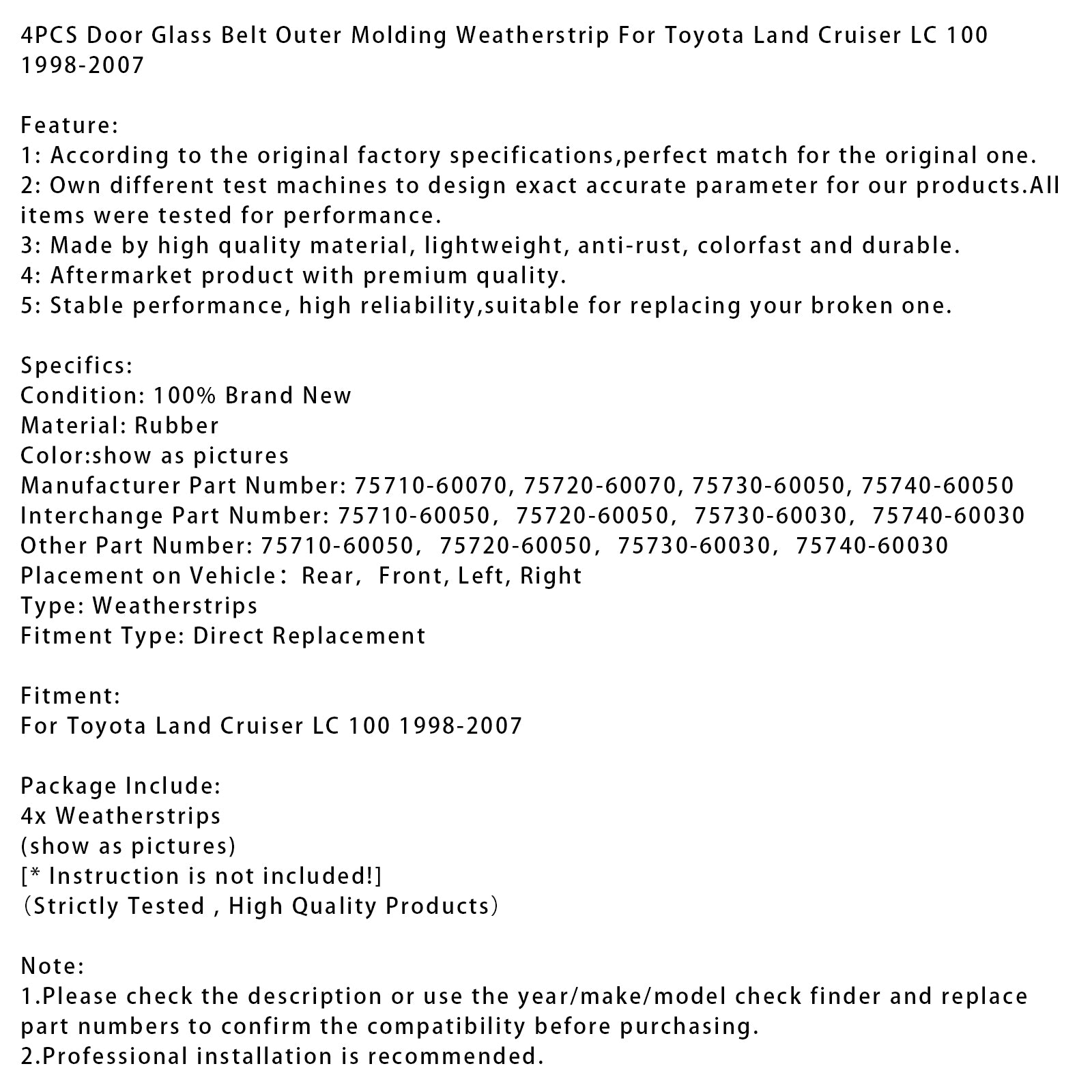 Zunanji tesnilni trak za steklene vrata, za Toyota Land Cruiser LC 100 1998-2007, 4 sobe