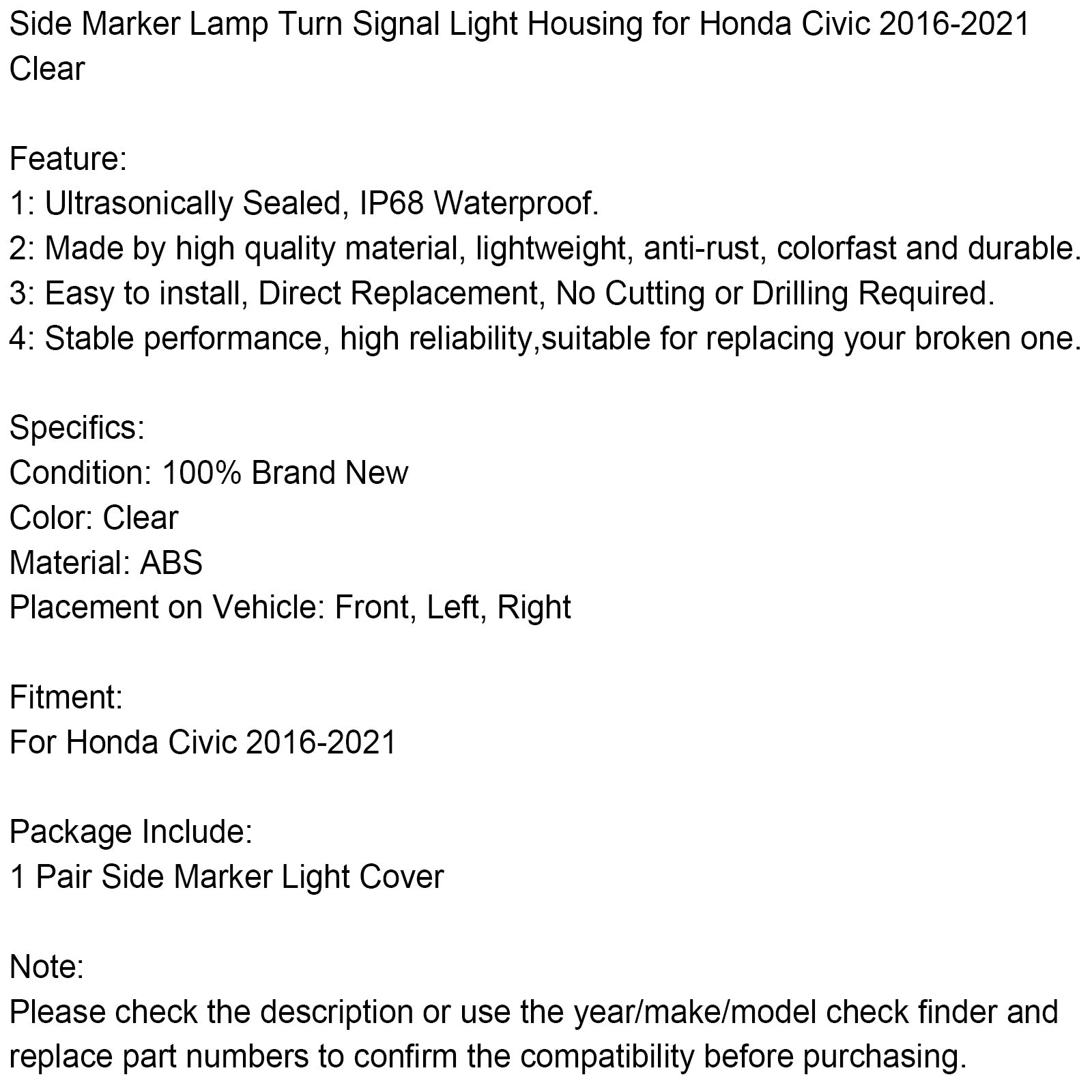 Boîtier de clignotant latéral pour Honda Civic 2016-2021 Ambre générique