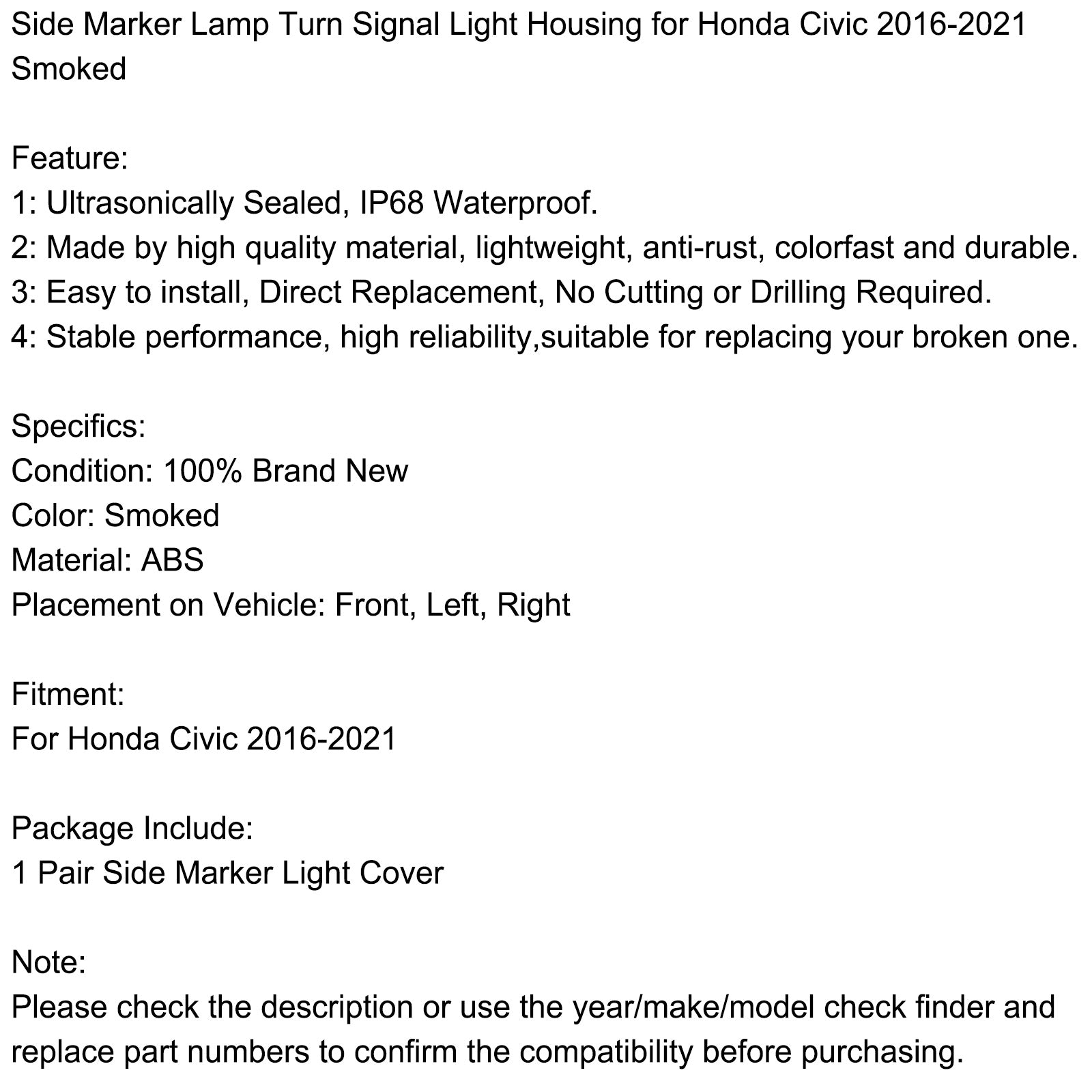 Boîtier de clignotant latéral pour Honda Civic 2016-2021 Ambre générique