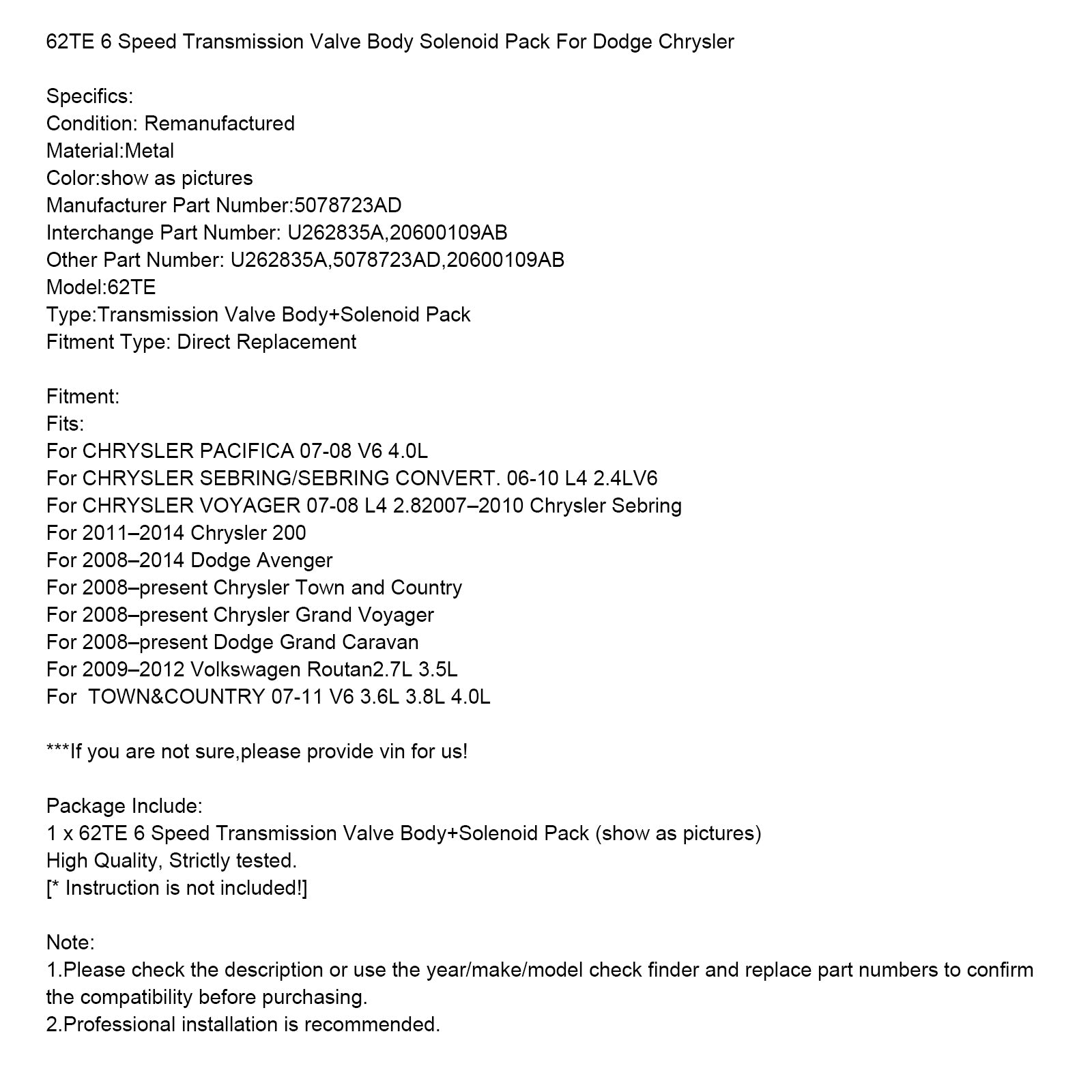 2011-2014 Chrysler 200 62TE 6-nopeuksinen voimansiirtoventtiilin rungon solenoidisarja U262835A 5078723AD 20600109AB