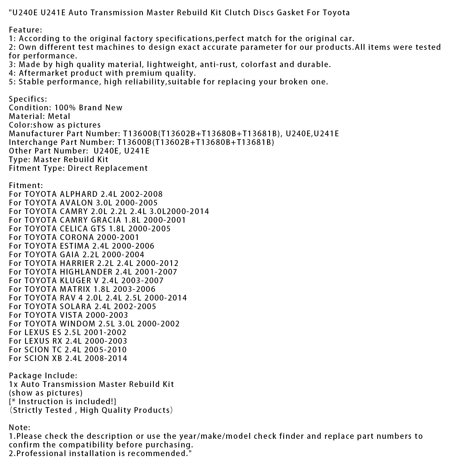 Kit de reconstrucción de transmisión automática para Toyota Estima 2.4L 2000-2006, juntas de disco'embrague T13600B U240E U241E