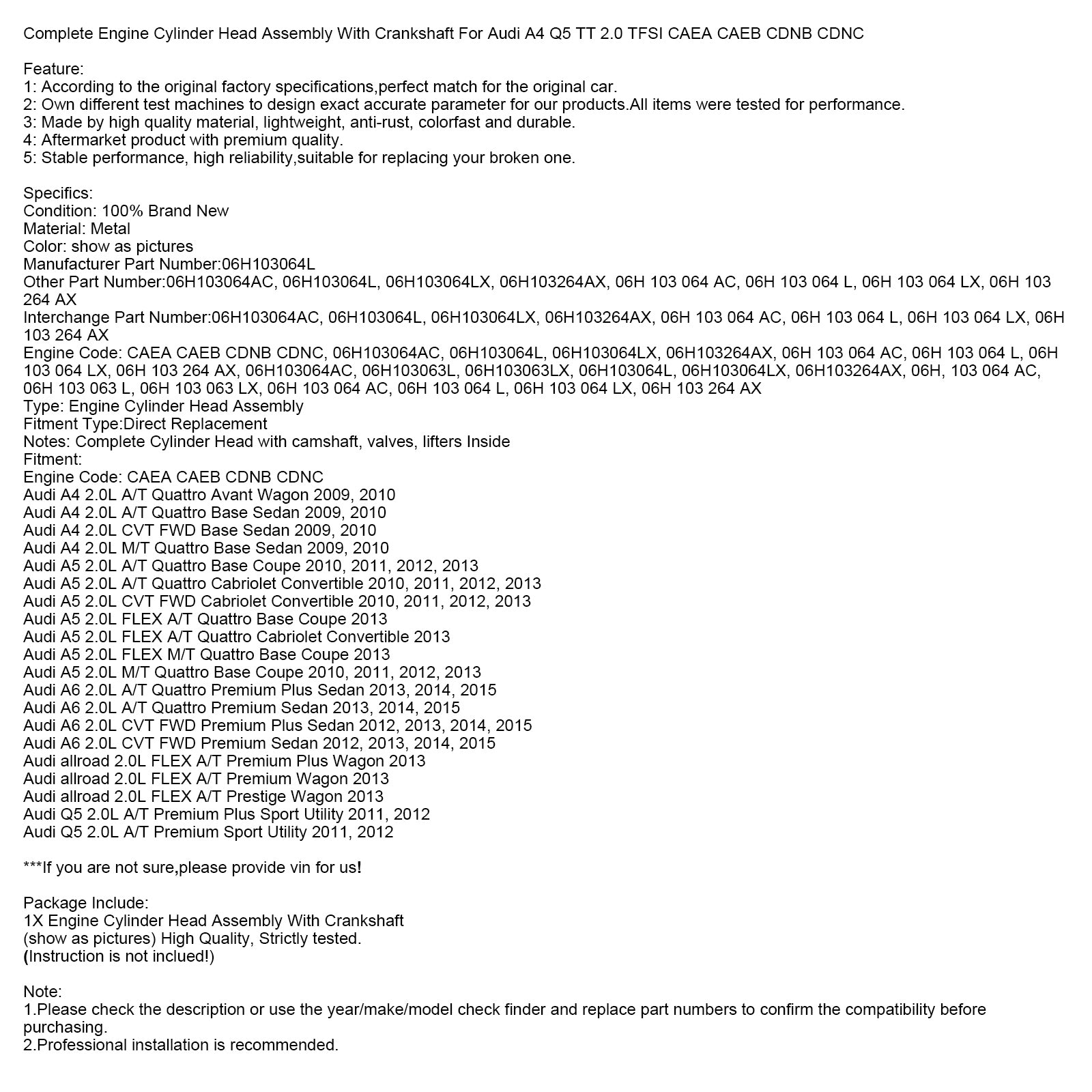 Ensemble complet de tête de cylindre avec vilebrequin pour moteur Audi A4 Q5 TT 2.0