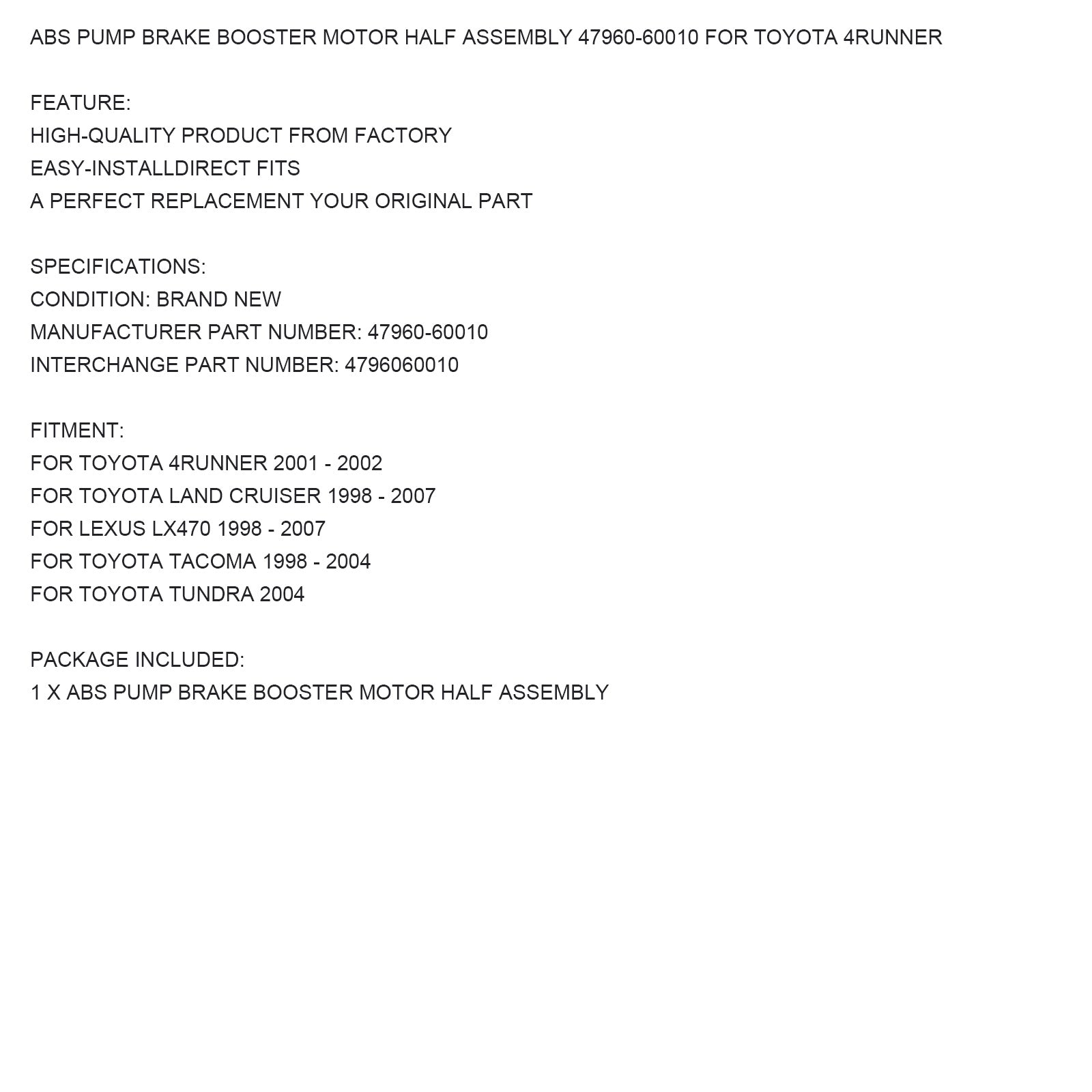 Połowa silnika pompy wspomagania hamulców ABS 47960-60010, kompatybilna z Toyota 4Runner, Land Cruiser, Lexus LX470, Tacoma, Tundra