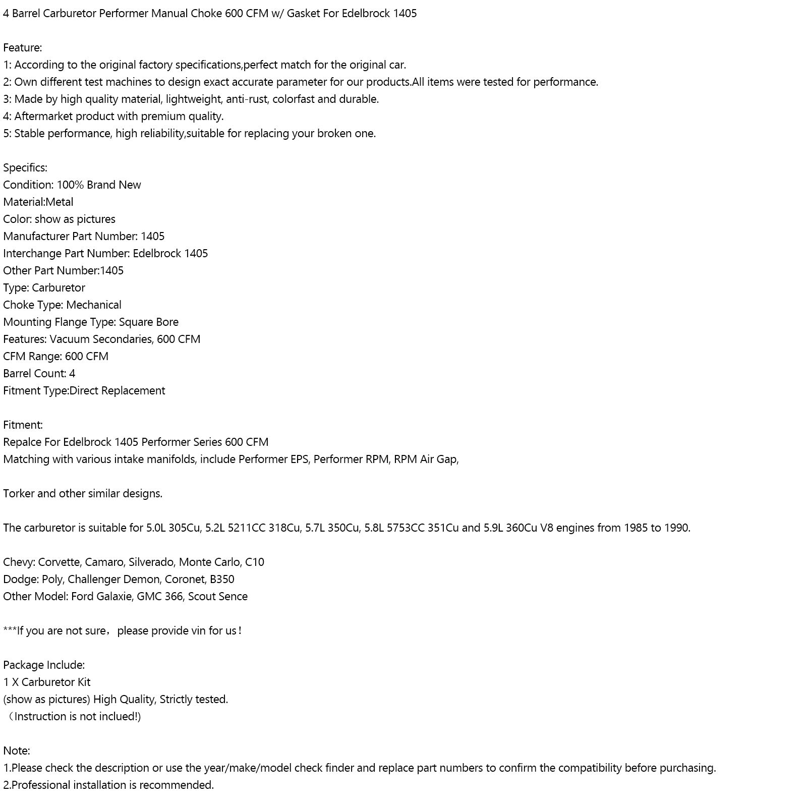 Gaźnik 4-bębenkowy, dławik ręczny 600 CFM z uszczelką do Edelbrock 1405