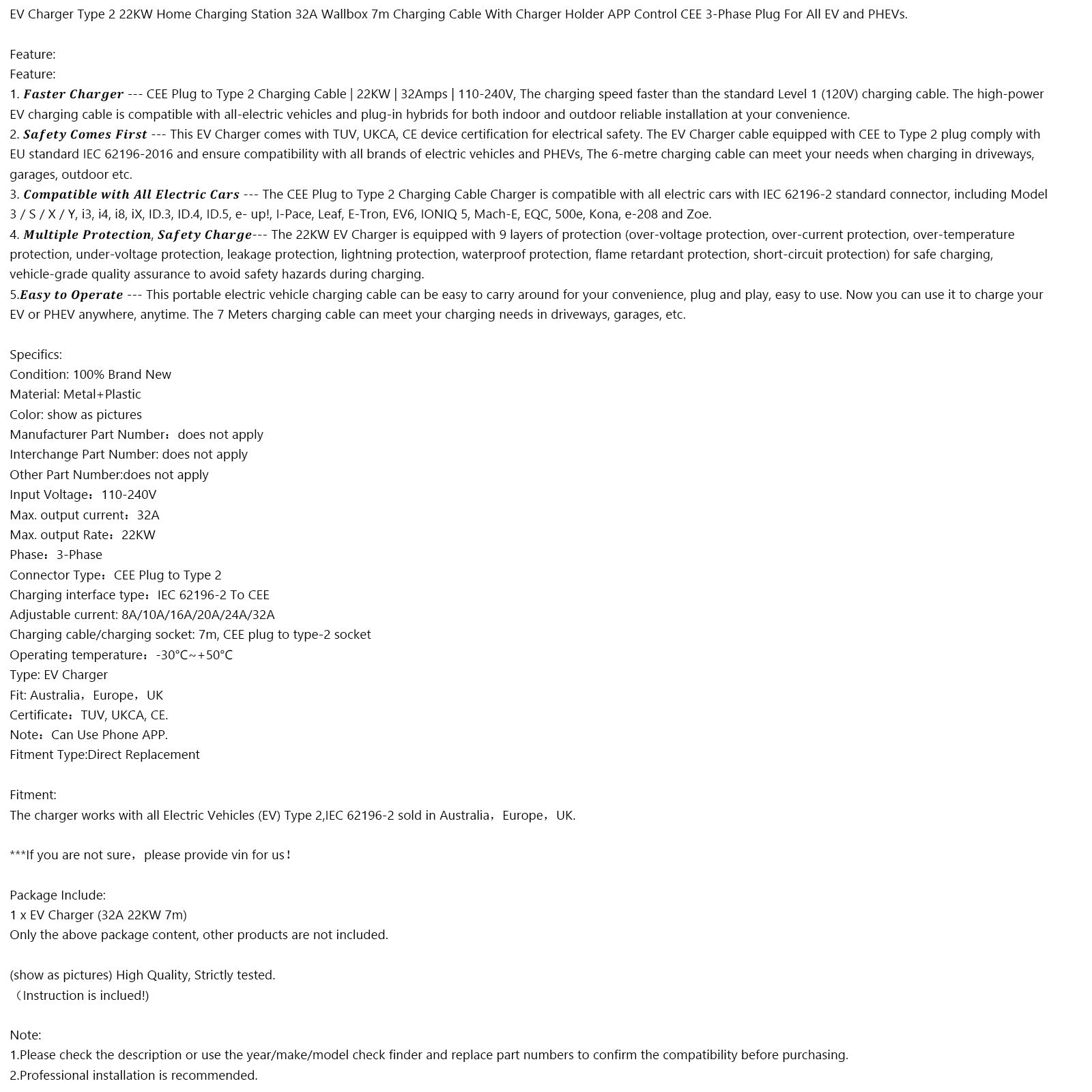Caricatore a parete di tutti i tempi (da -30 ° C a +50 ° C) 22KW-La soluzione affidabile per l'auto elettrica
