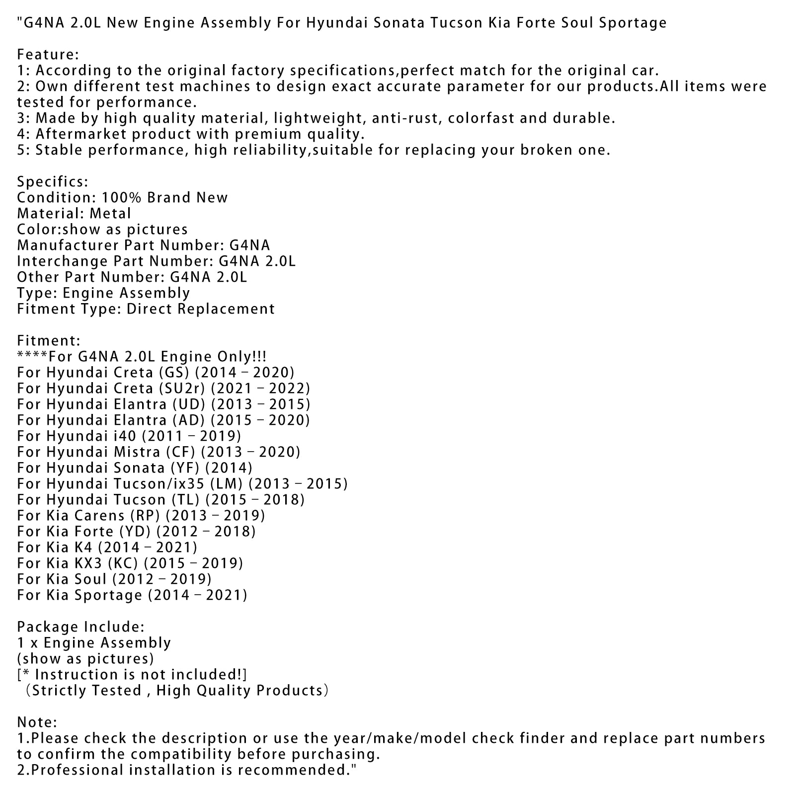 Motore G4NA 2.0L completo per Hyundai Sonata Tucson Elantra I40 Kia Forte Soul Sportage Ceed - Motore di sostituzione diretta 2011-202222