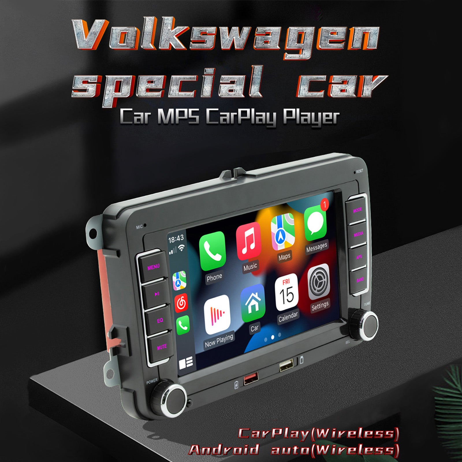 7 "Volkswagen Coche Bluetooth Radio Coche Reproductor MP5 Inalámbrico Carplay + 4 Cámara LED