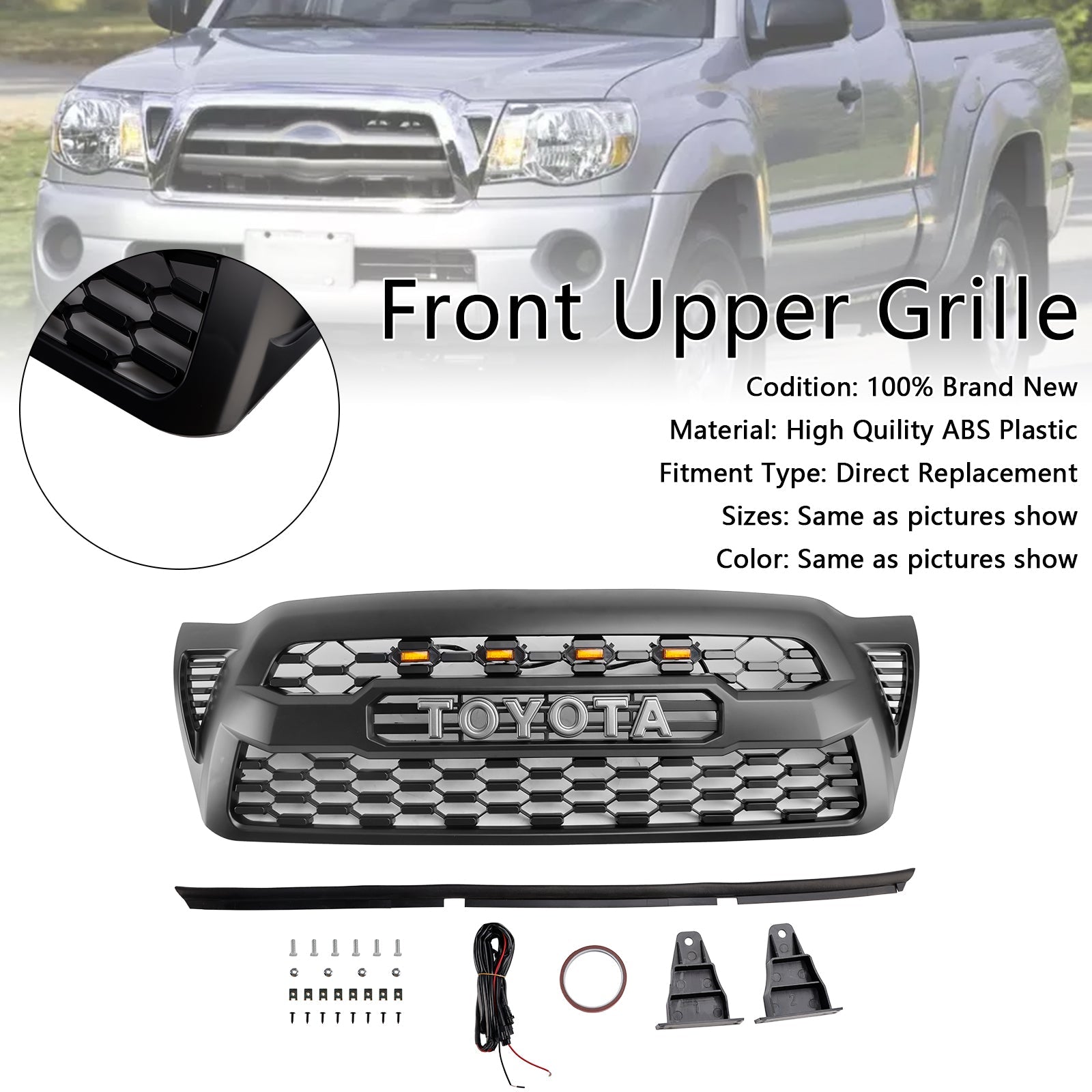 Alfombra LED de parrilla delantera negra para Toyota Tacoma 2005-2011