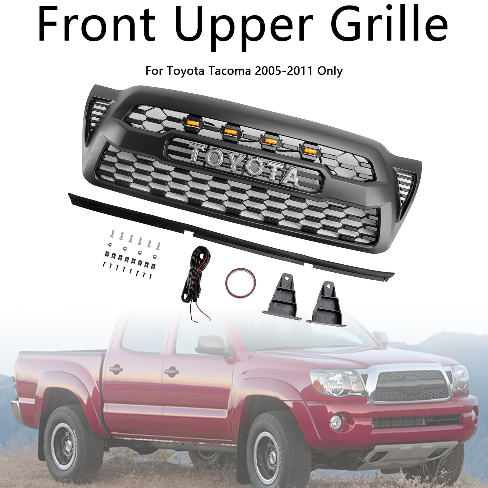 Alfombra LED de parrilla delantera negra para Toyota Tacoma 2005-2011
