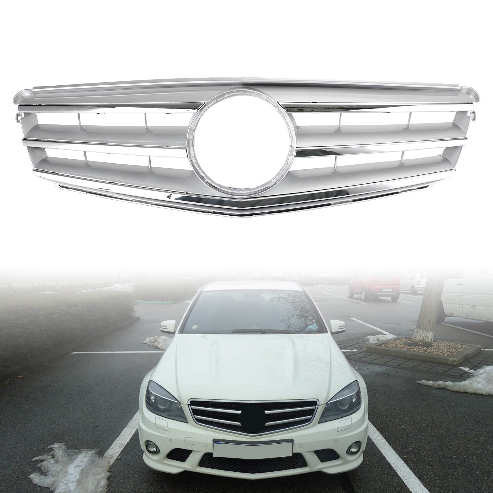 Middengrille met LED's voor Mercedes-Benz C-Klasse W204 2008-2014 - Zilverkleurige afwerking