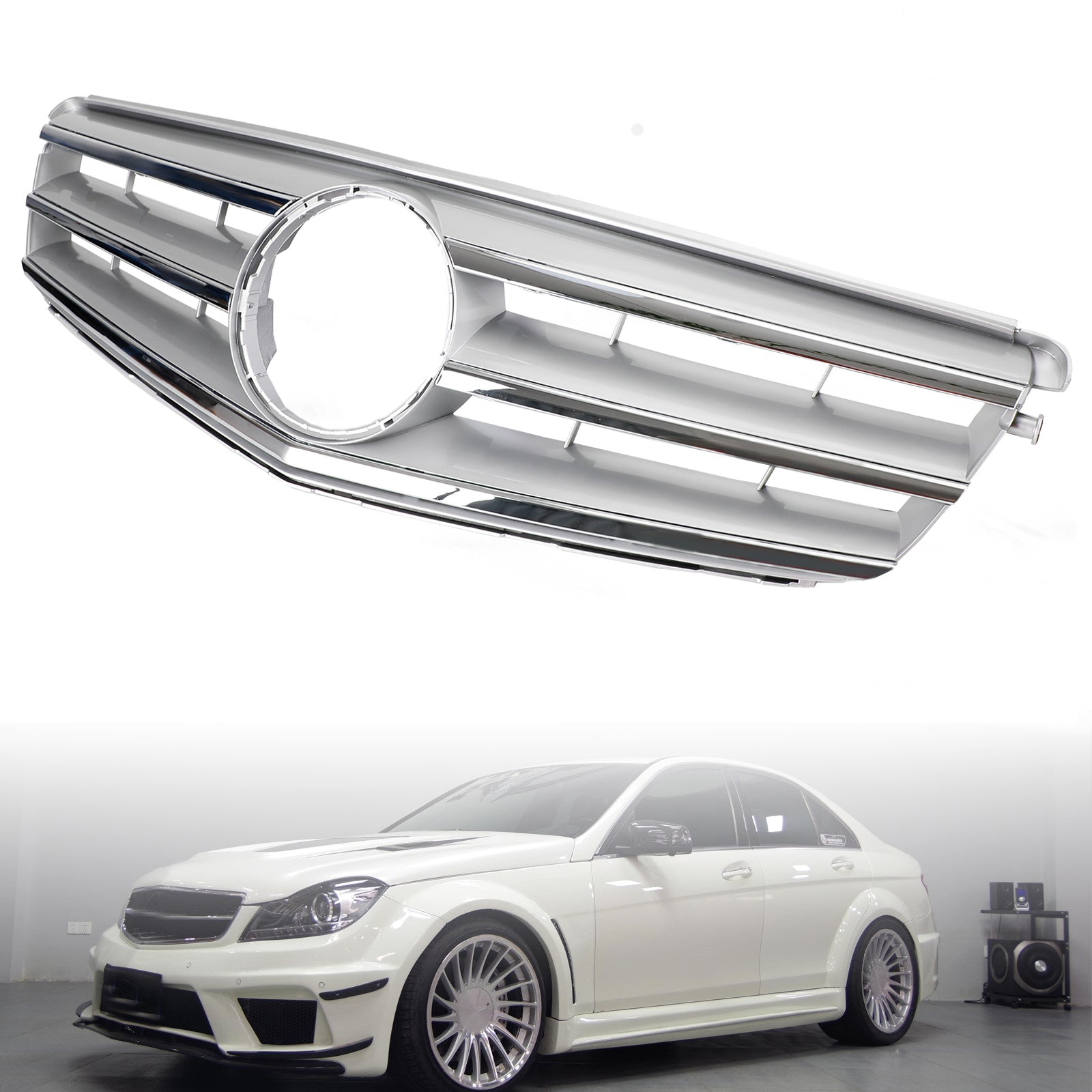 Middengrille met LED's voor Mercedes-Benz C-Klasse W204 2008-2014 - Zilverkleurige afwerking