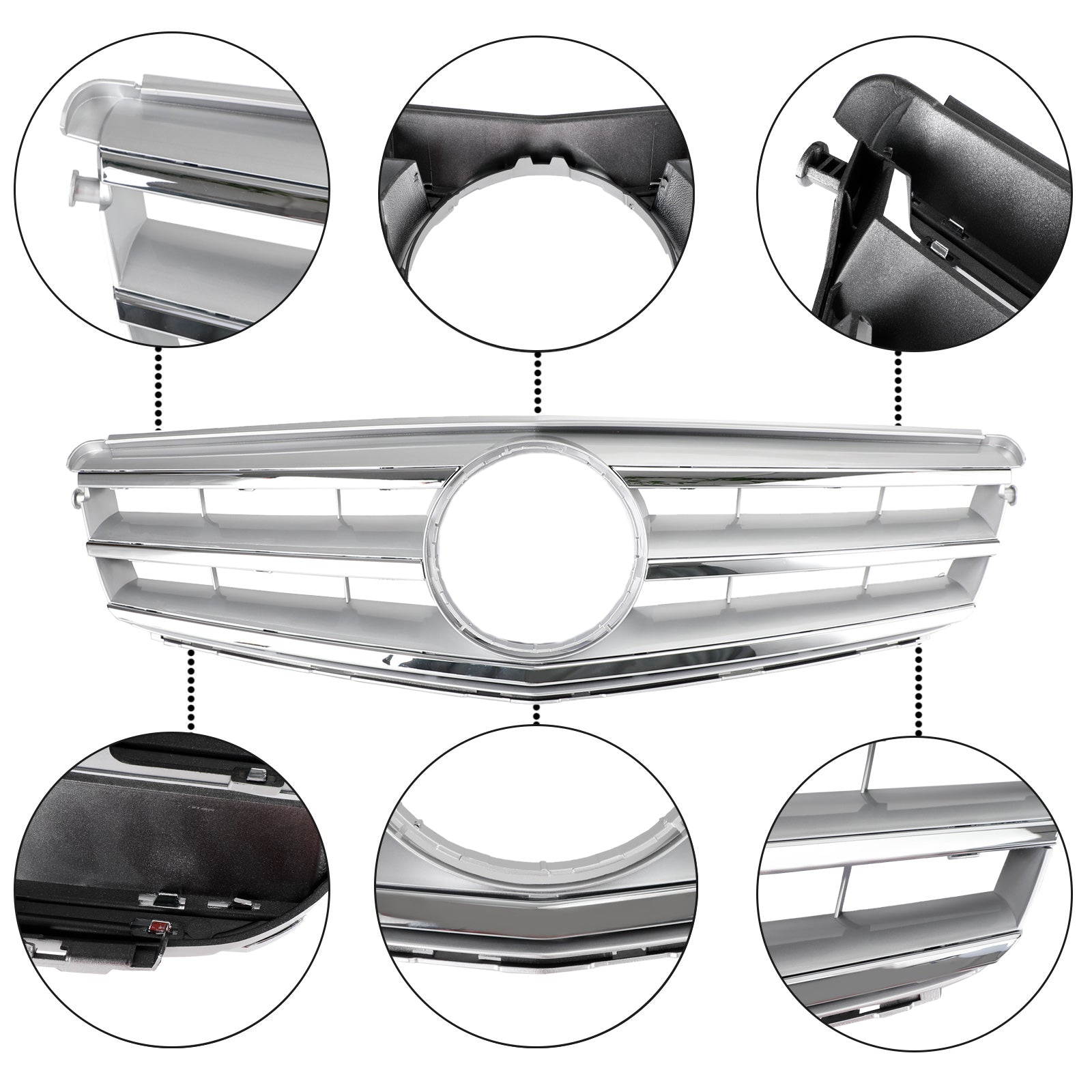 Middengrille met LED's voor Mercedes-Benz C-Klasse W204 2008-2014 - Zilverkleurige afwerking