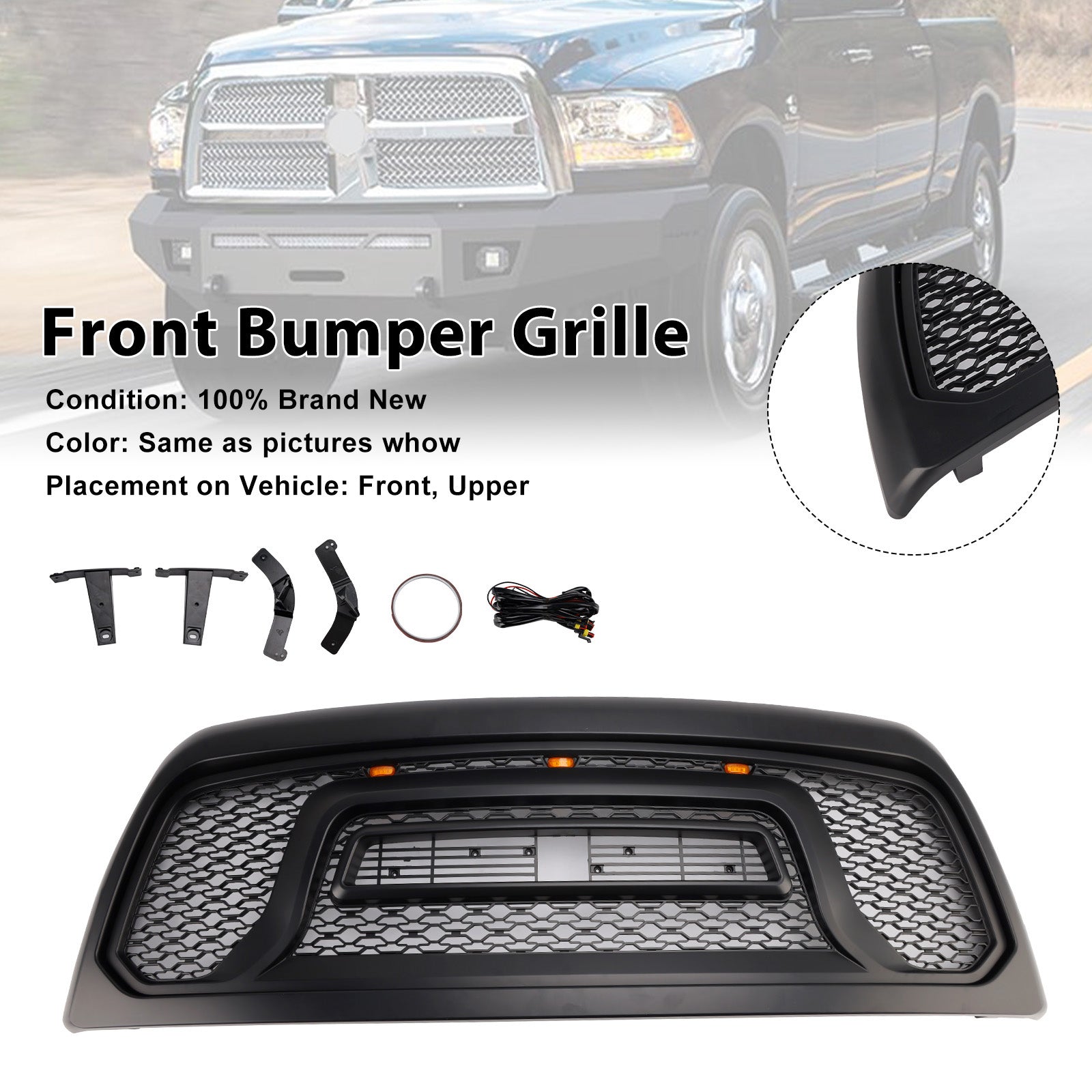 Calandre de pare-chocs avant avec éclairage LED pour Dodge Ram 2500/3500 Laramie Limited (2010-2018)
