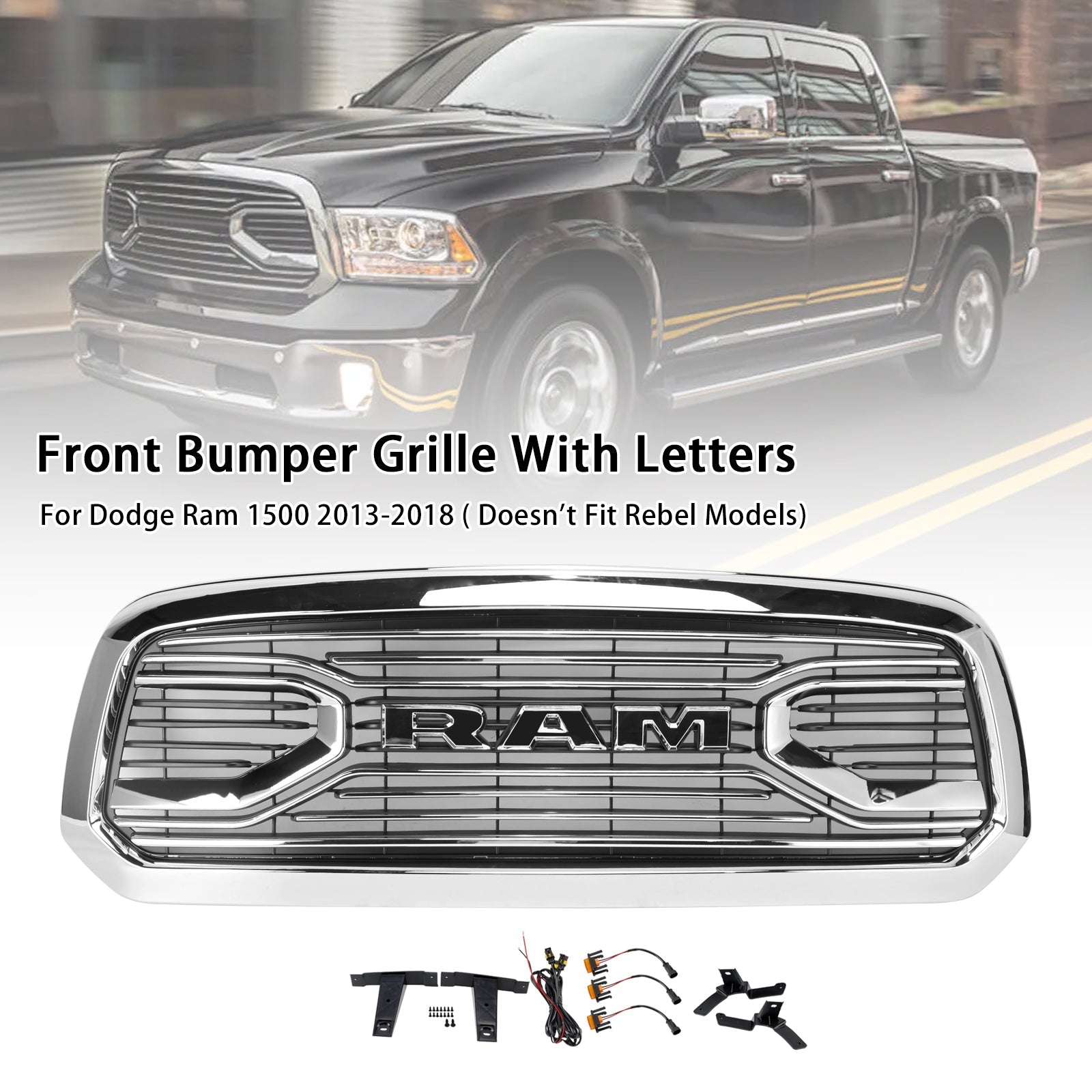 Grille de pare-chocs avant chromée style Big Horn pour Dodge Ram 1500 2013-2018