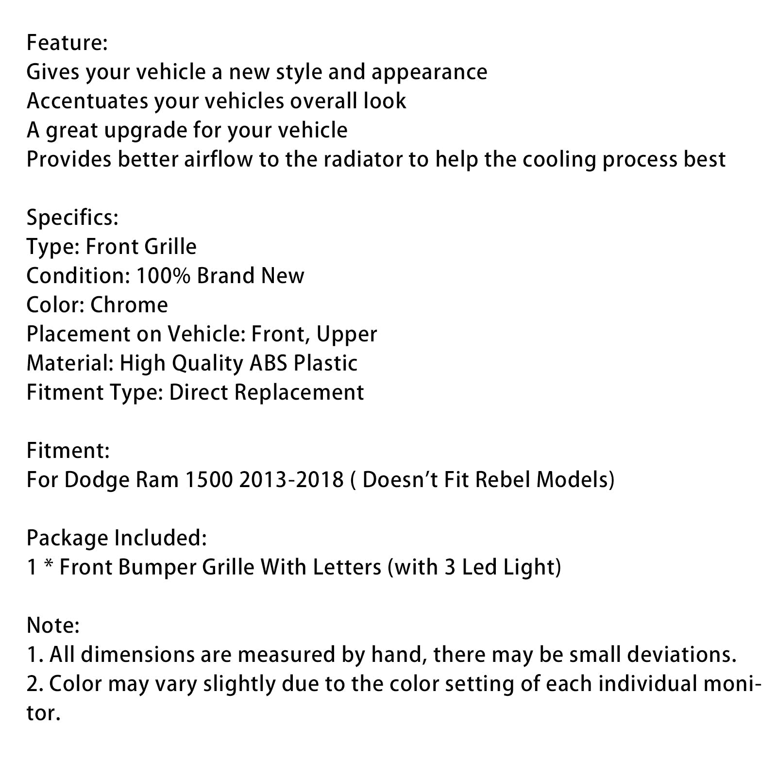 Grille de pare-chocs avant chromée style Big Horn pour Dodge Ram 1500 2013-2018