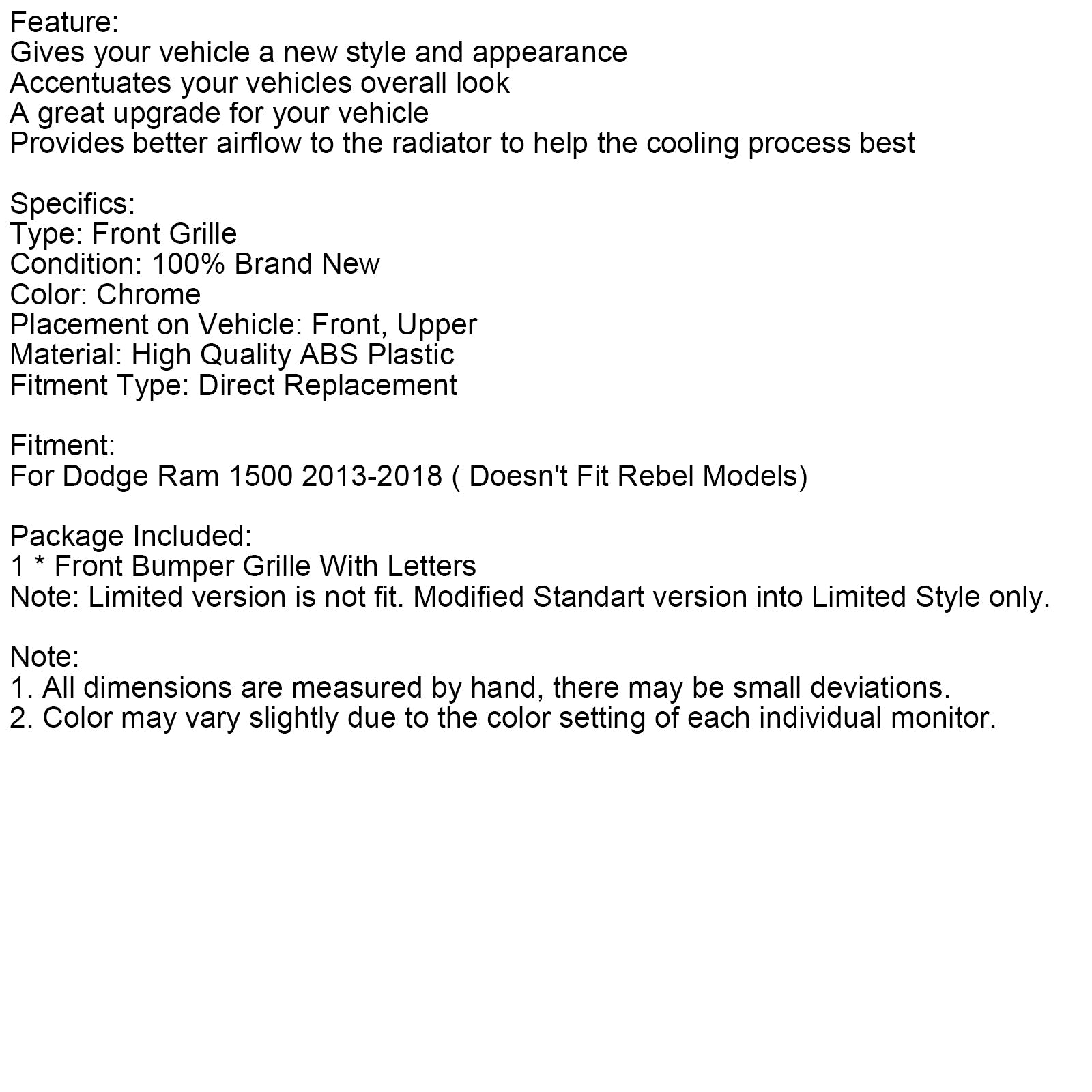 Kromirana maska sprednjega odbijača v stilu LTD za Dodge Ram 1500 (2013-2018).