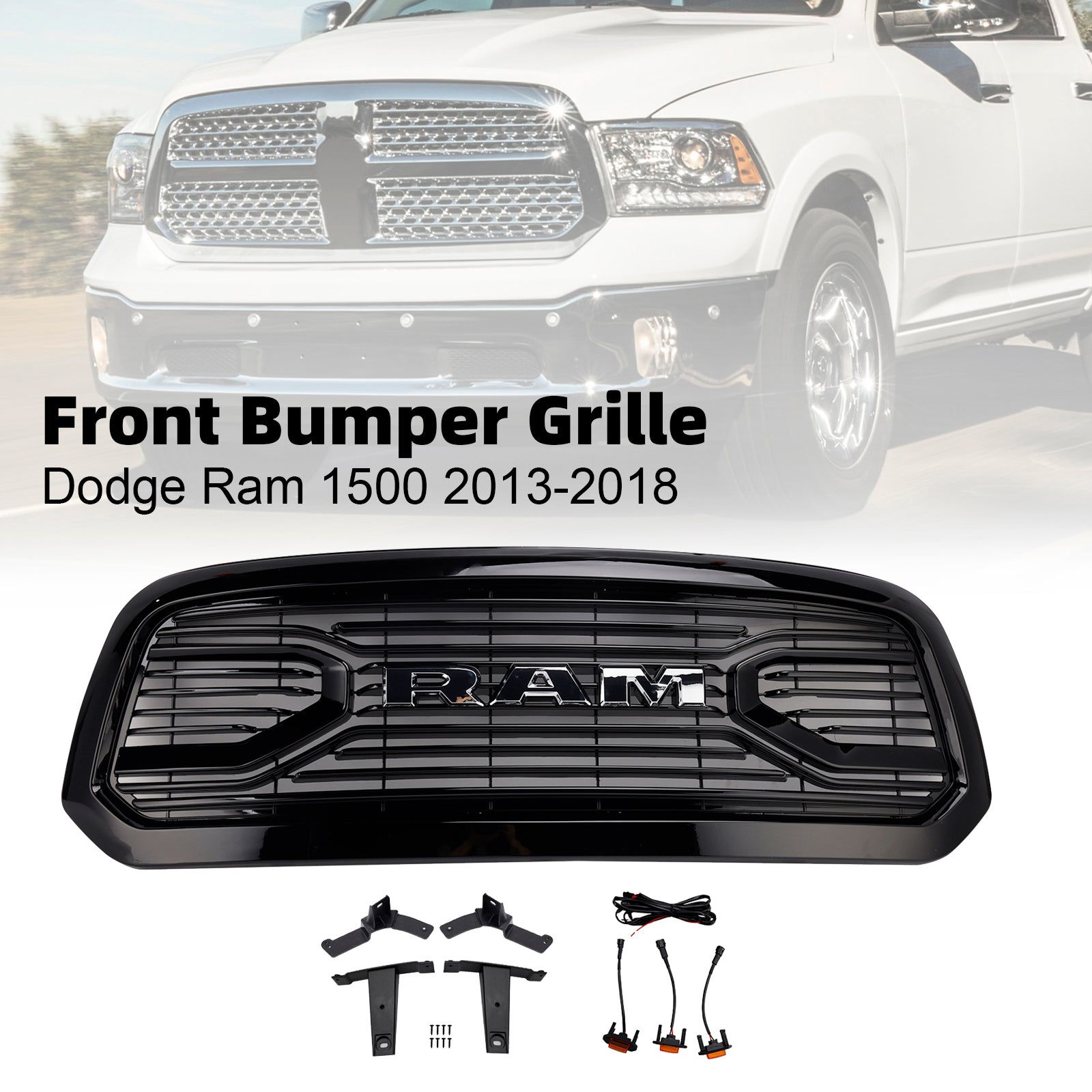 Calandre de pare-chocs avant style Big Horn noire pour Dodge Ram 1500 (2013-2018).