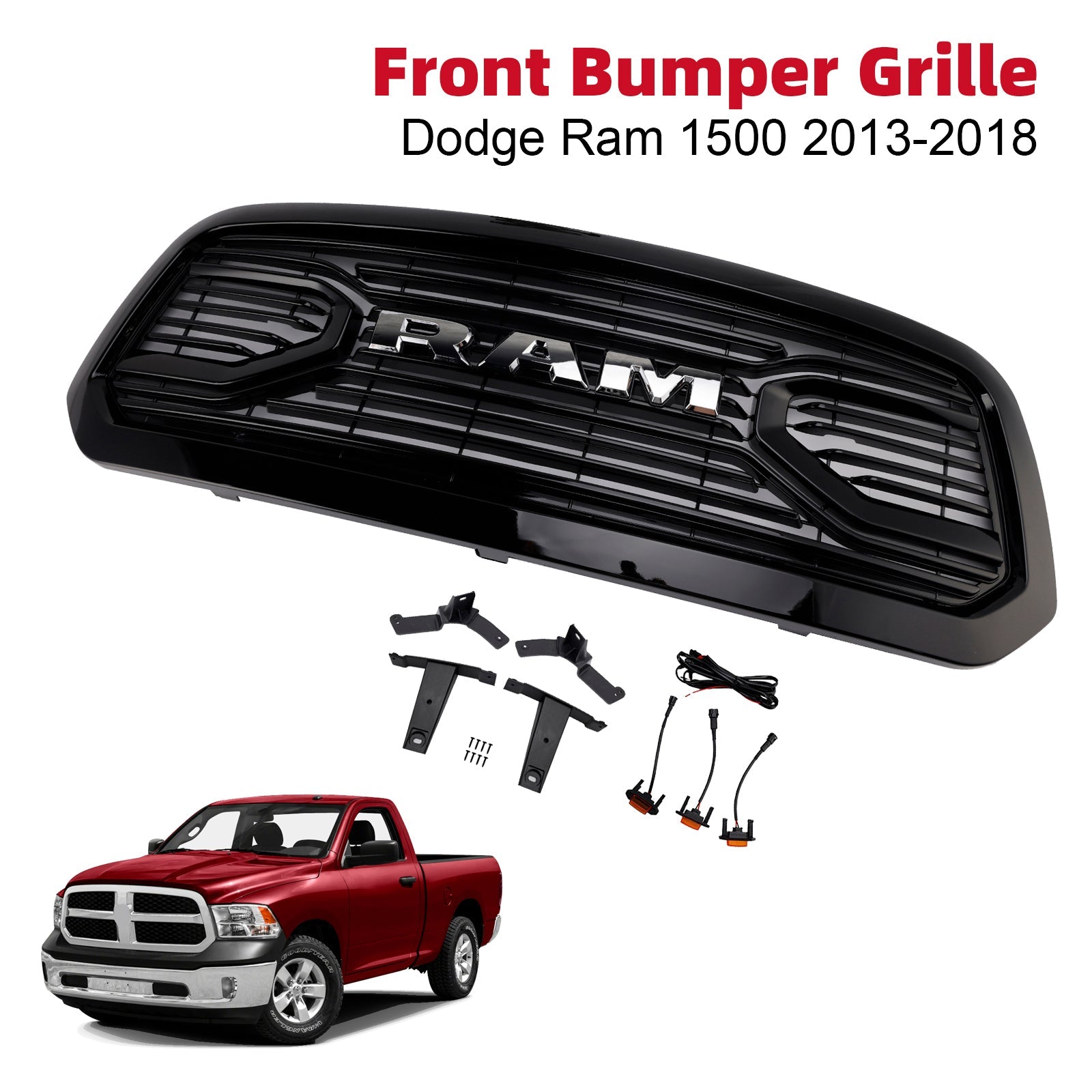 Calandre de pare-chocs avant style Big Horn noire pour Dodge Ram 1500 (2013-2018).