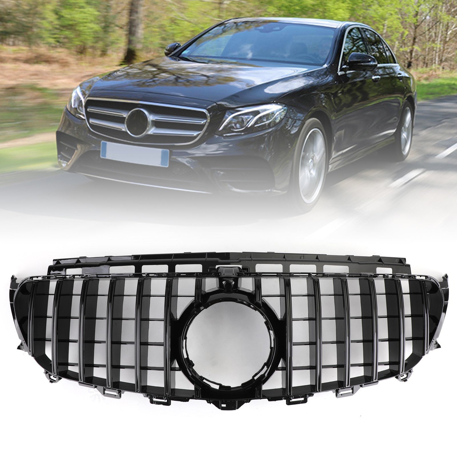 Griglia anteriore in stile GTR nera lucida per Mercedes Classe E W213 (2016-2019) con stella e emblema AMG