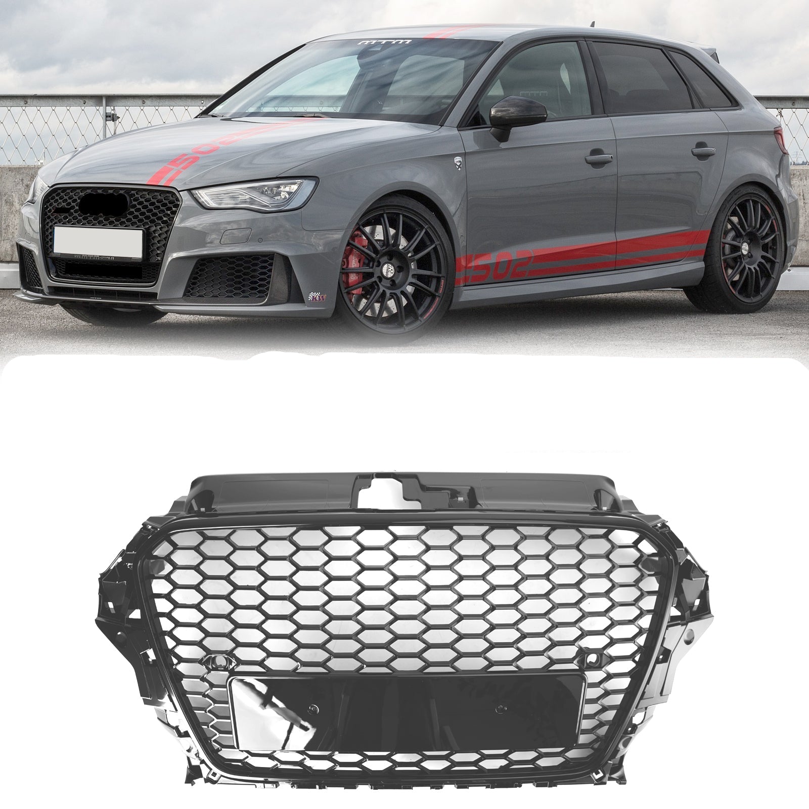 2013-2016 Audi A3 S3 RS3 Style Sprednji pokrov Henycomb Rešetka odbijača Črna