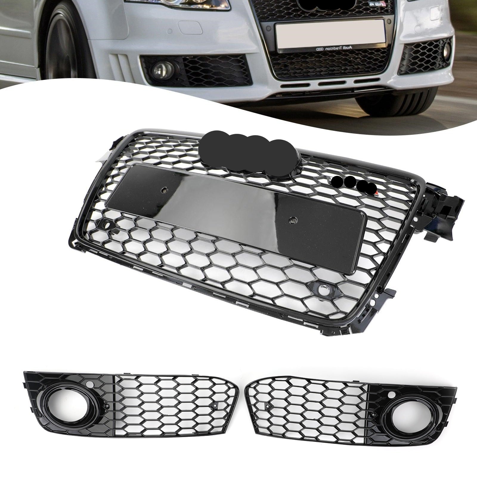 Grille hexagonale en nid d'abeille de style Audi A4 / A4 Avant B8 RS4 2008-2012 Grille noire brillante et Grille de phare antibrouillard