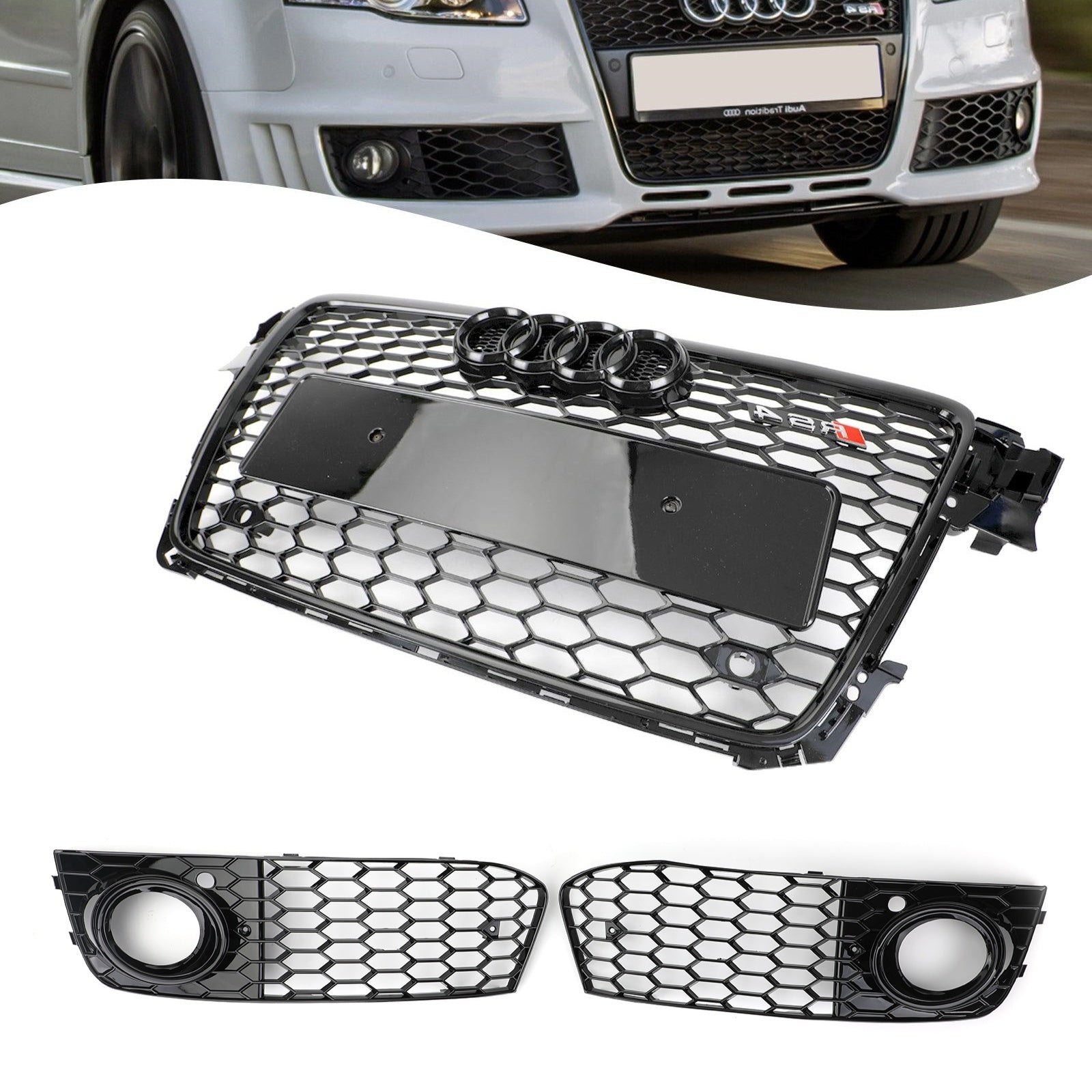 Cuadrícula hexagonal en Audi A4 / A4 estilo estilo Nido B8 RS4 2008-2012 Grid de luz negra brillante y luz de niebla