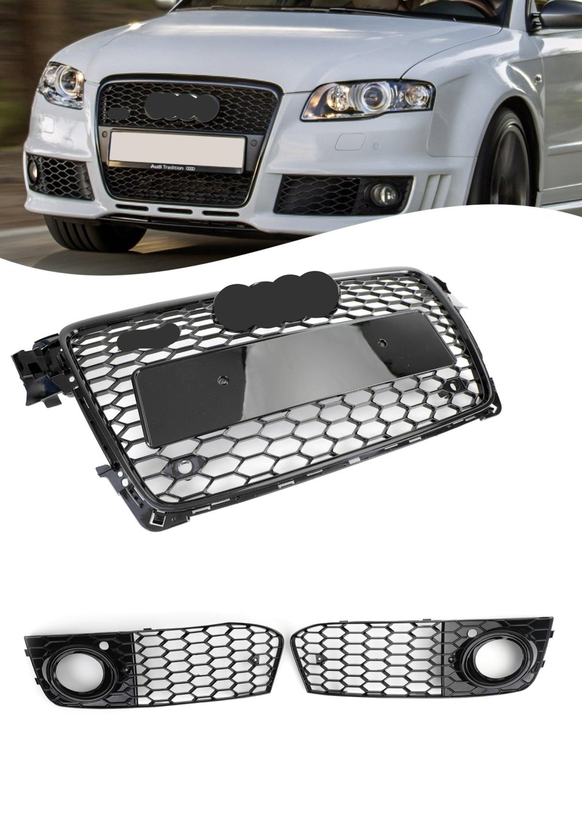 Heksagonalna rešetka v obliki satja Audi A4/A4 Avant B8 RS4 2008-2012 Gloss Black maska in rešetka meglenk