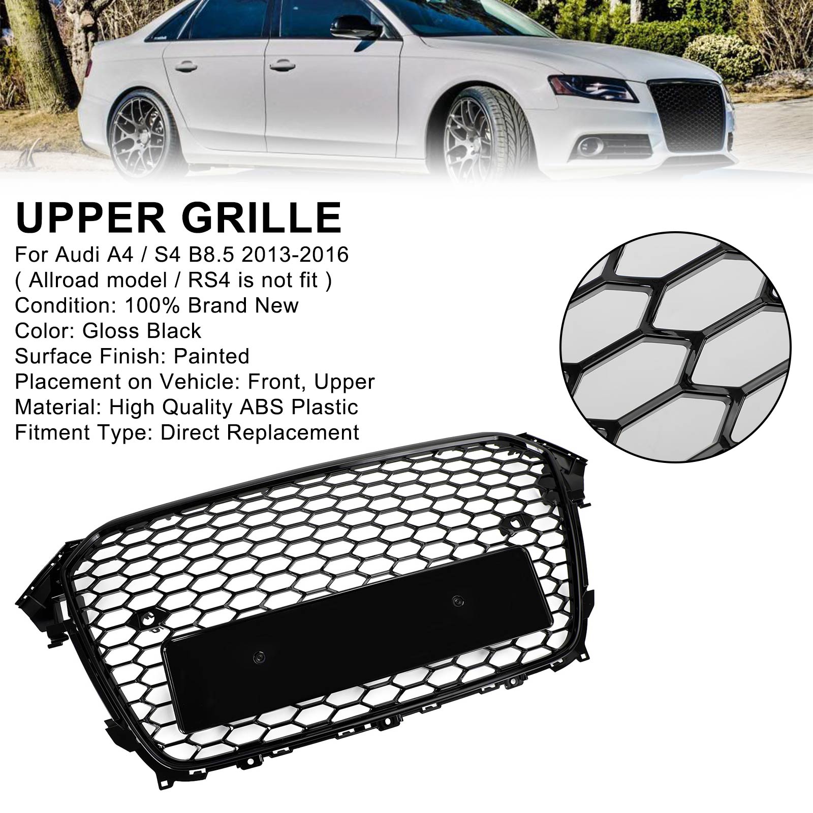 Audi A4 S4 2013-2016 Grille de calandre de pare-chocs avant style RS4 noir brillant