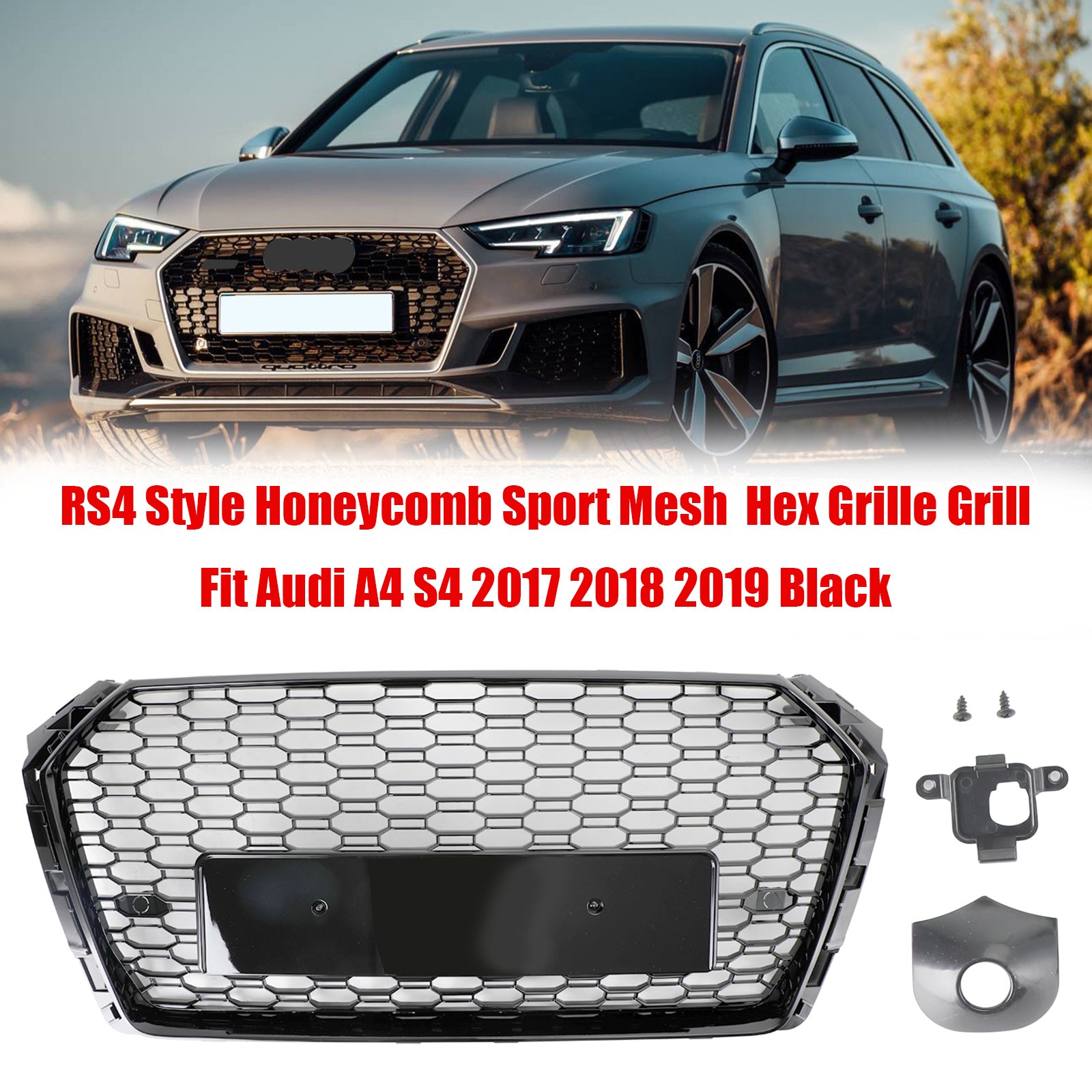 Parrilla hexagonal tipo panal para Audi A4/S4 B9 2017-2019, estilo RS4, color negro