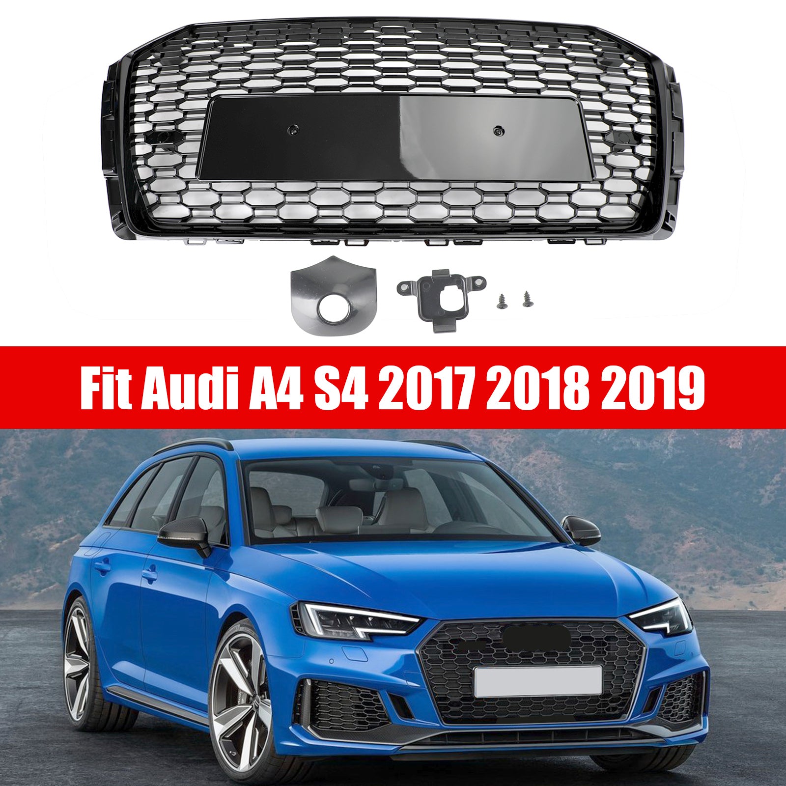 Parrilla hexagonal tipo panal para Audi A4/S4 B9 2017-2019, estilo RS4, color negro