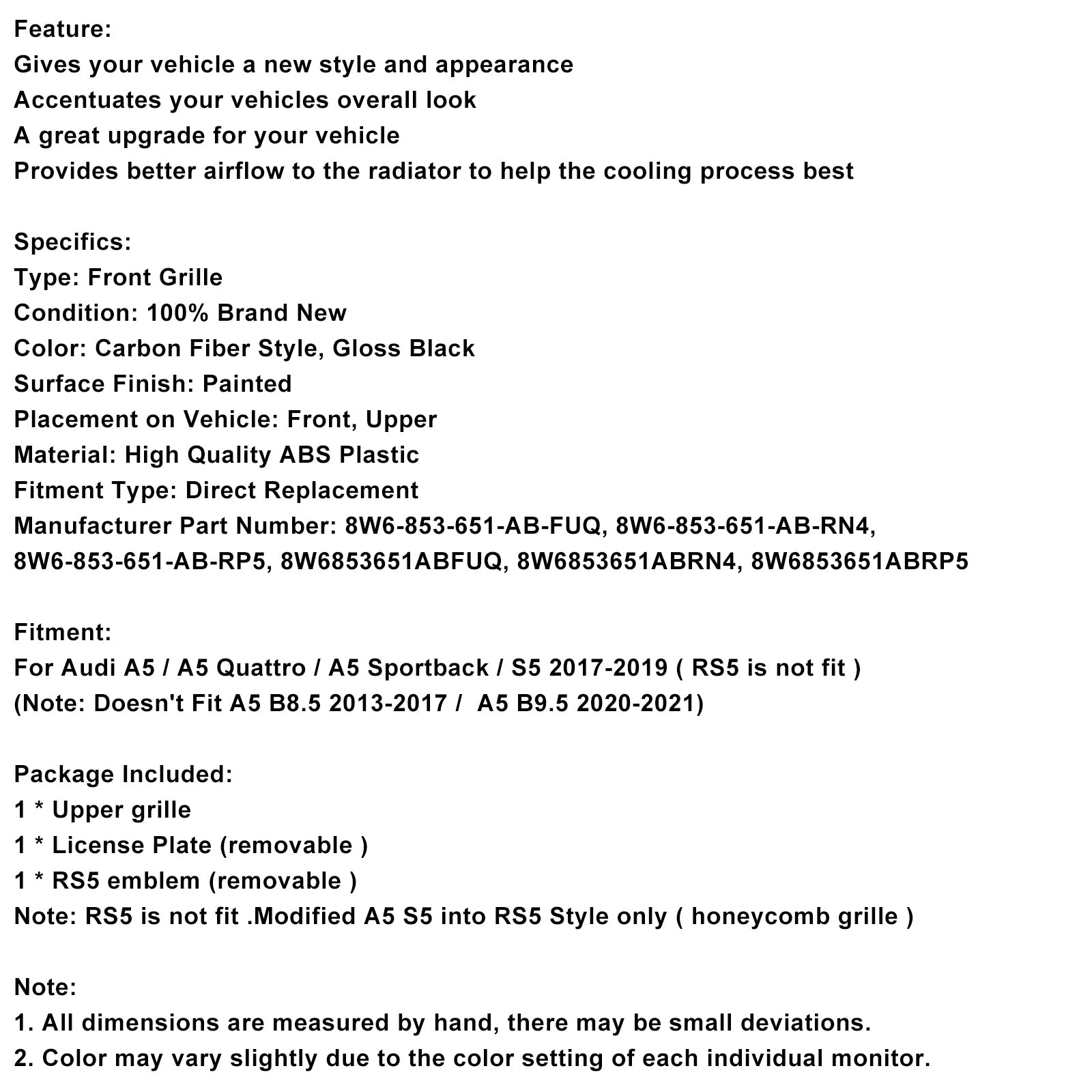 Grille de calandre avant en nid d'abeille style sport Audi A5 S5 B9 RS5 2017-2019